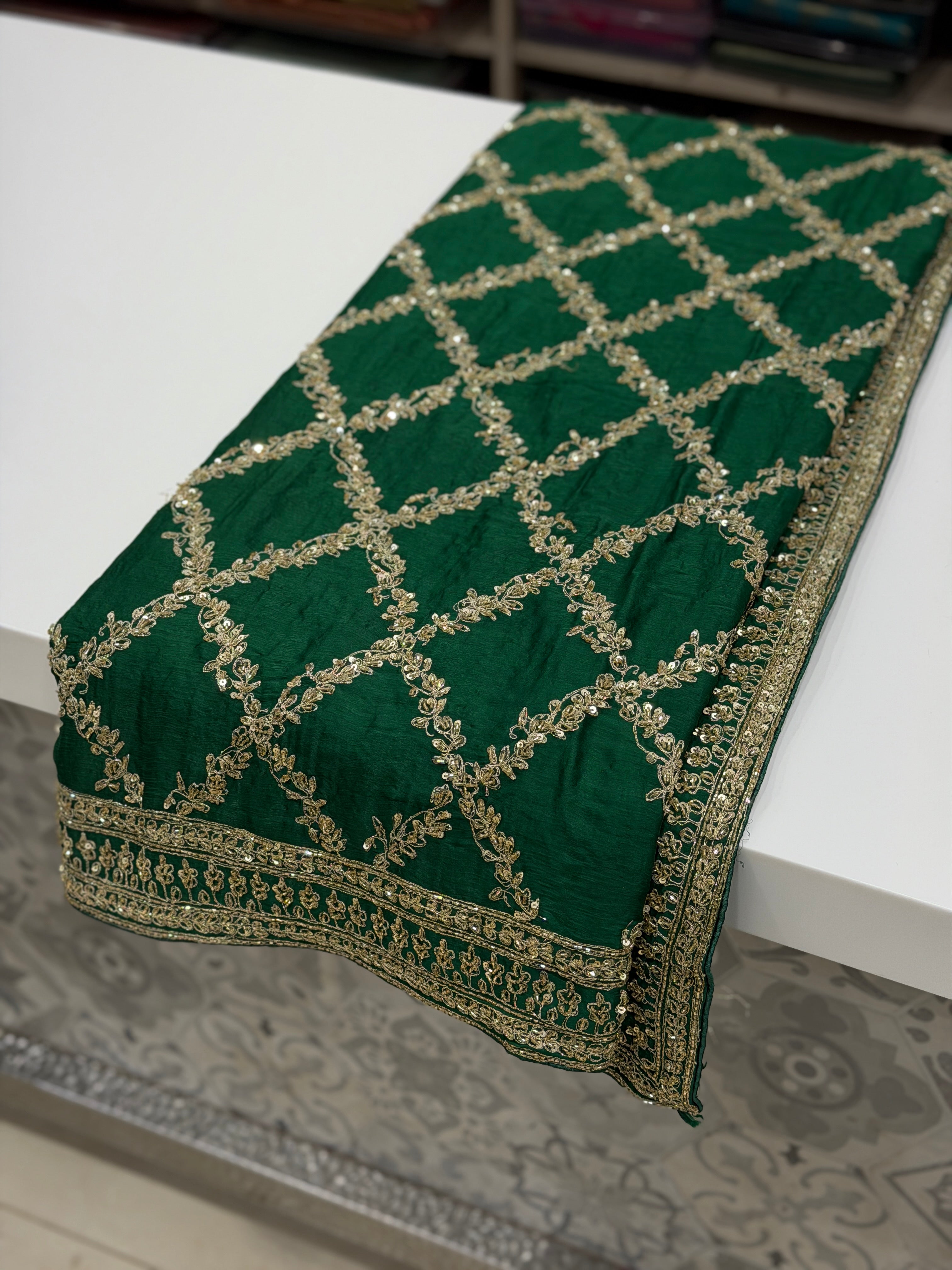 Bottle Green Crepe Satin Sabyasachi Inspired Zardosi Jaal Embroidery Saree
