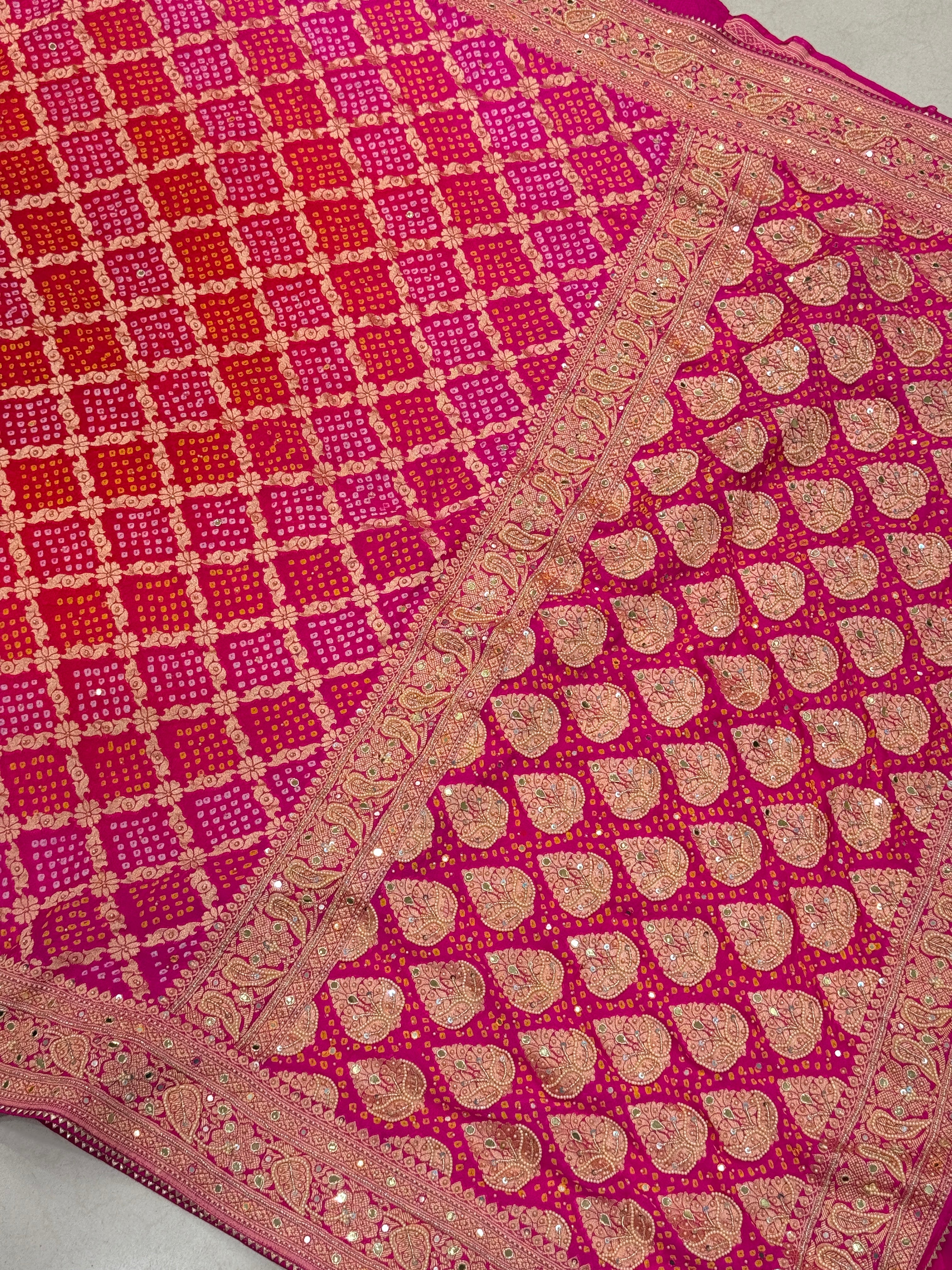 Shaded Rani Red Bandhej Moti Hand Embroidery Saree