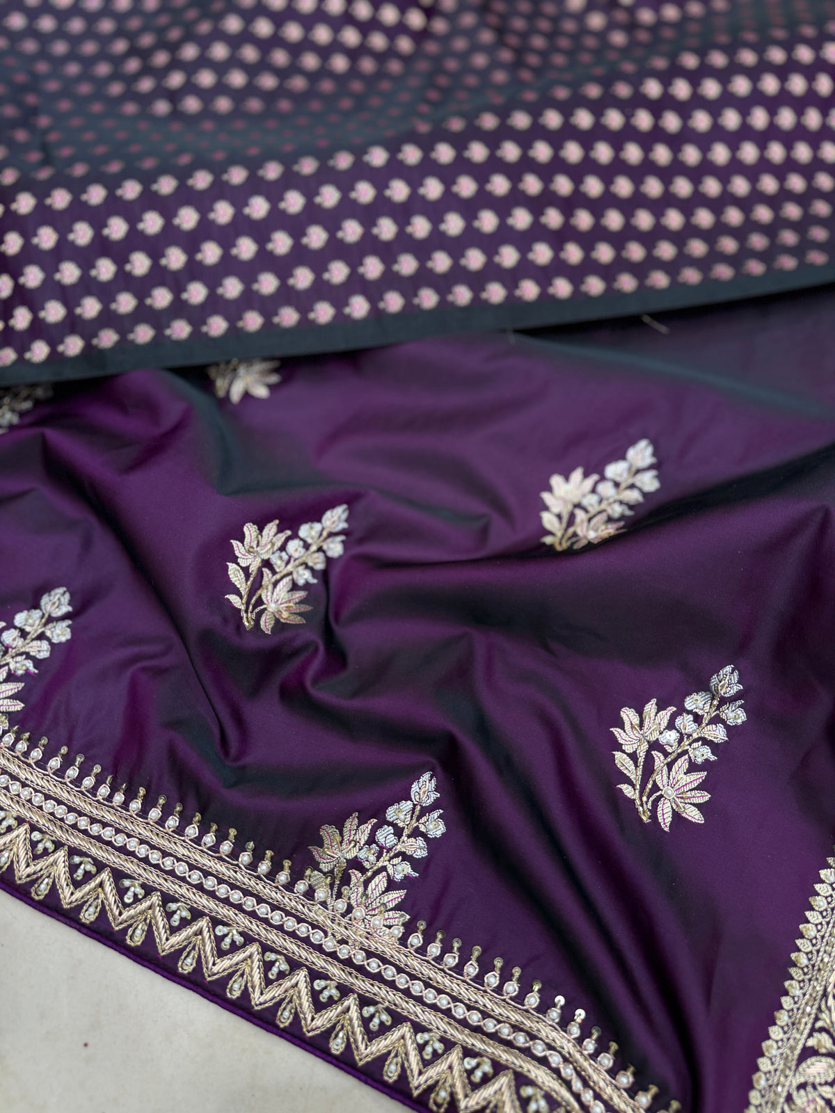 Cross Violet Banarasi Zardosi Hand Embroidery Border Pallu Saree