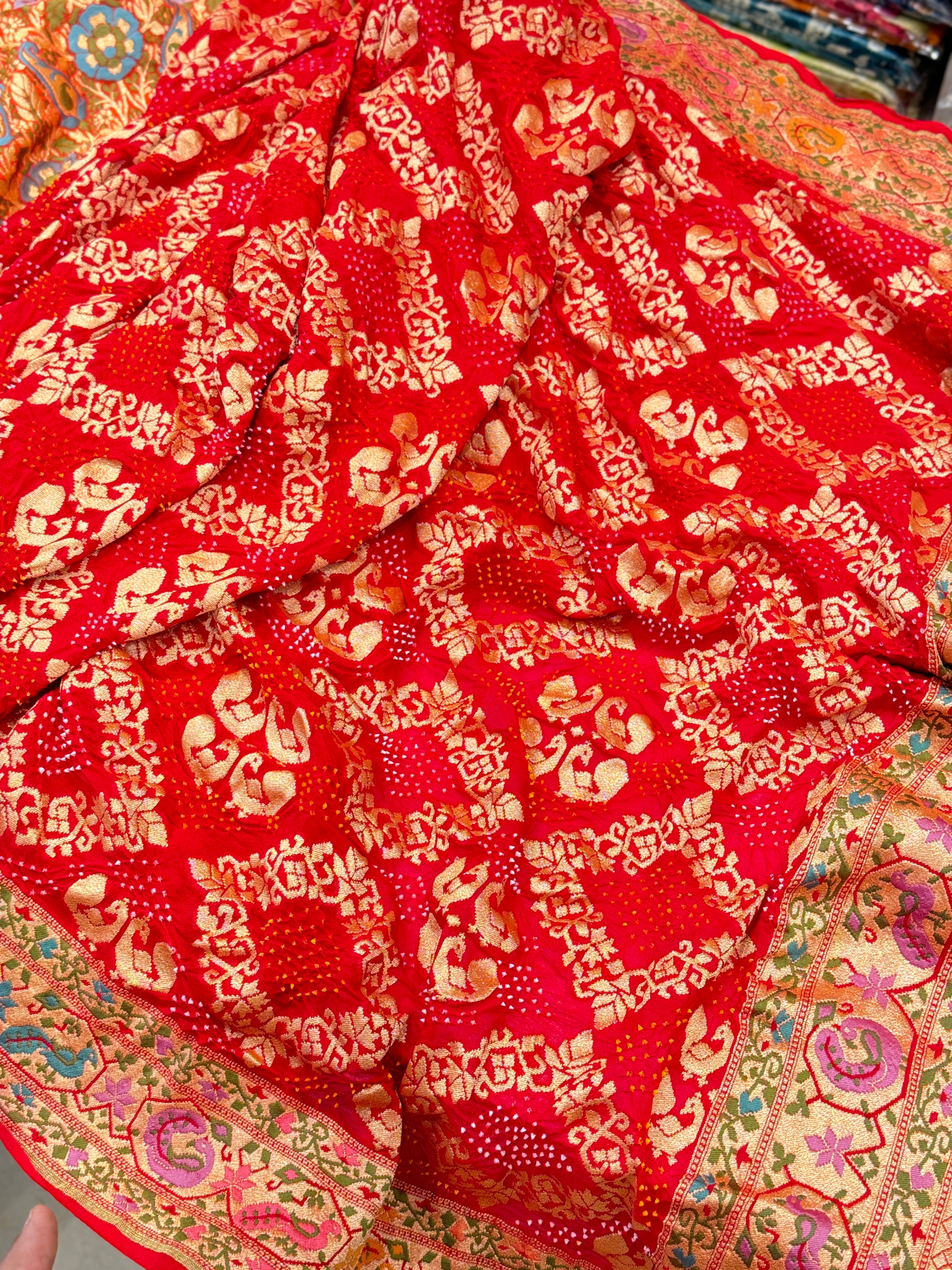 Red Luxury Bandhej Meenakari Saree