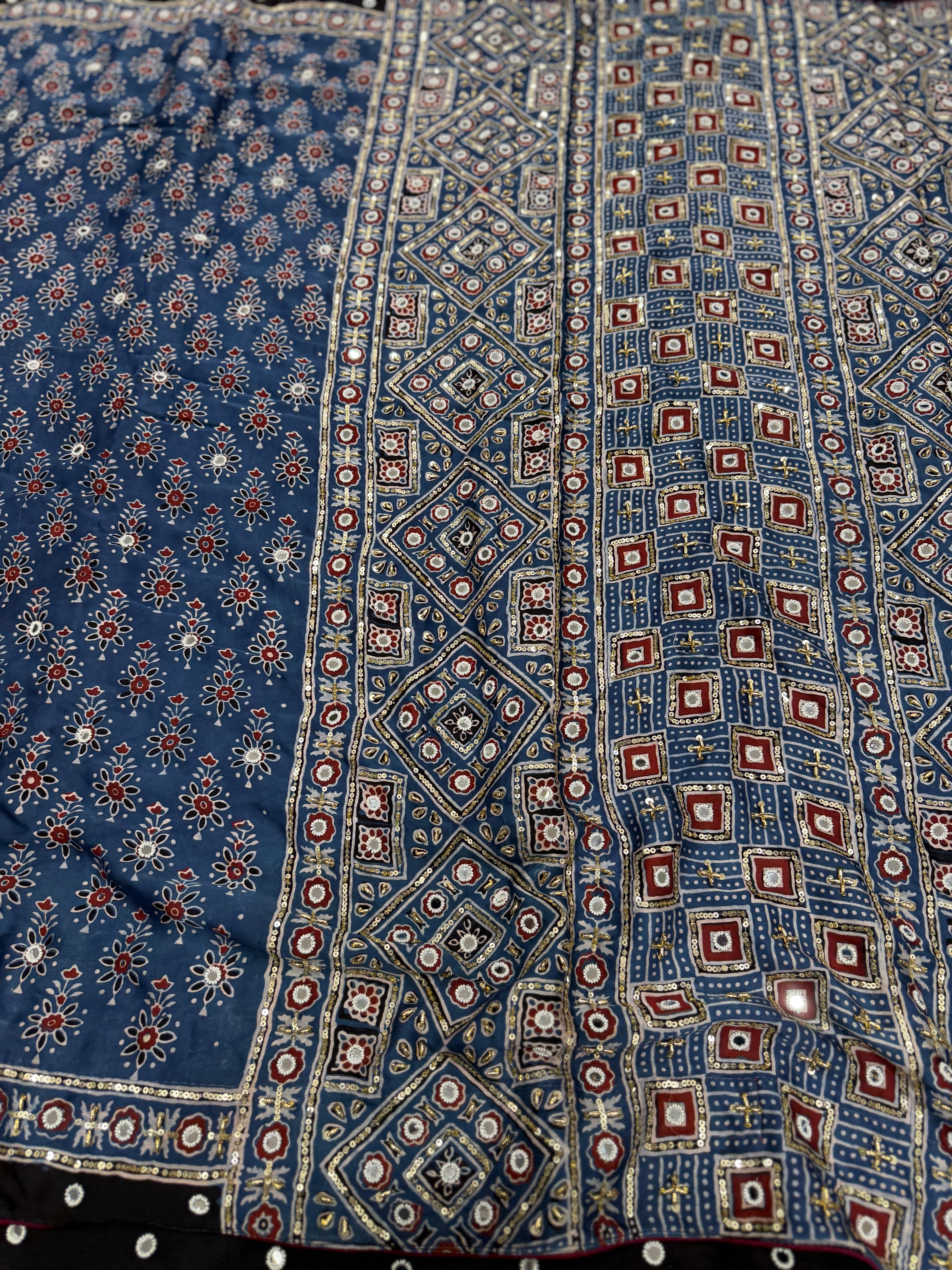 Blue Buttis Ajrakh Real Mirror Moti Sequin Hand Embroidery Saree