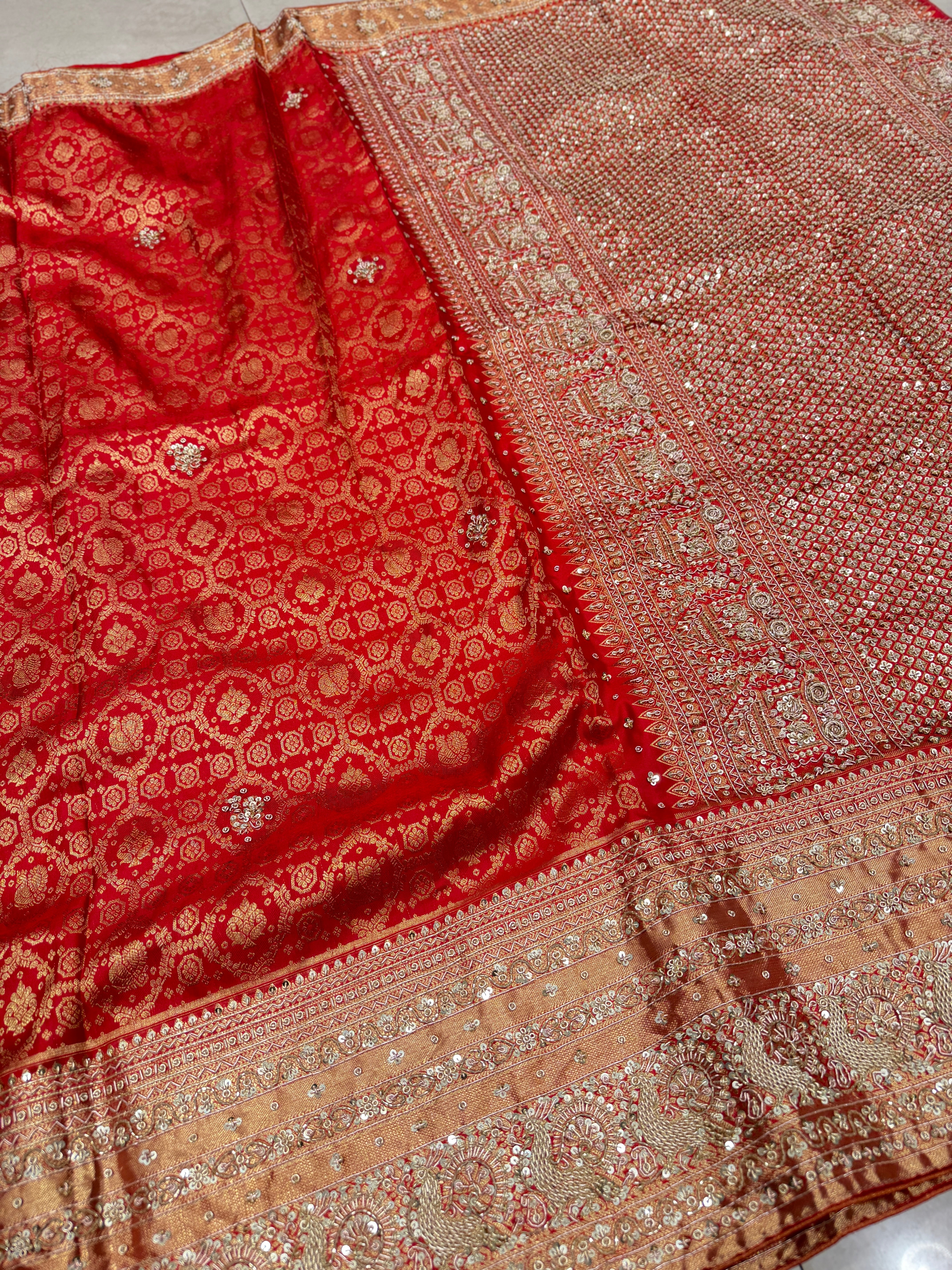 Red Kanjivaram Peacock Motif Hand Embroidery Zardosi Saree