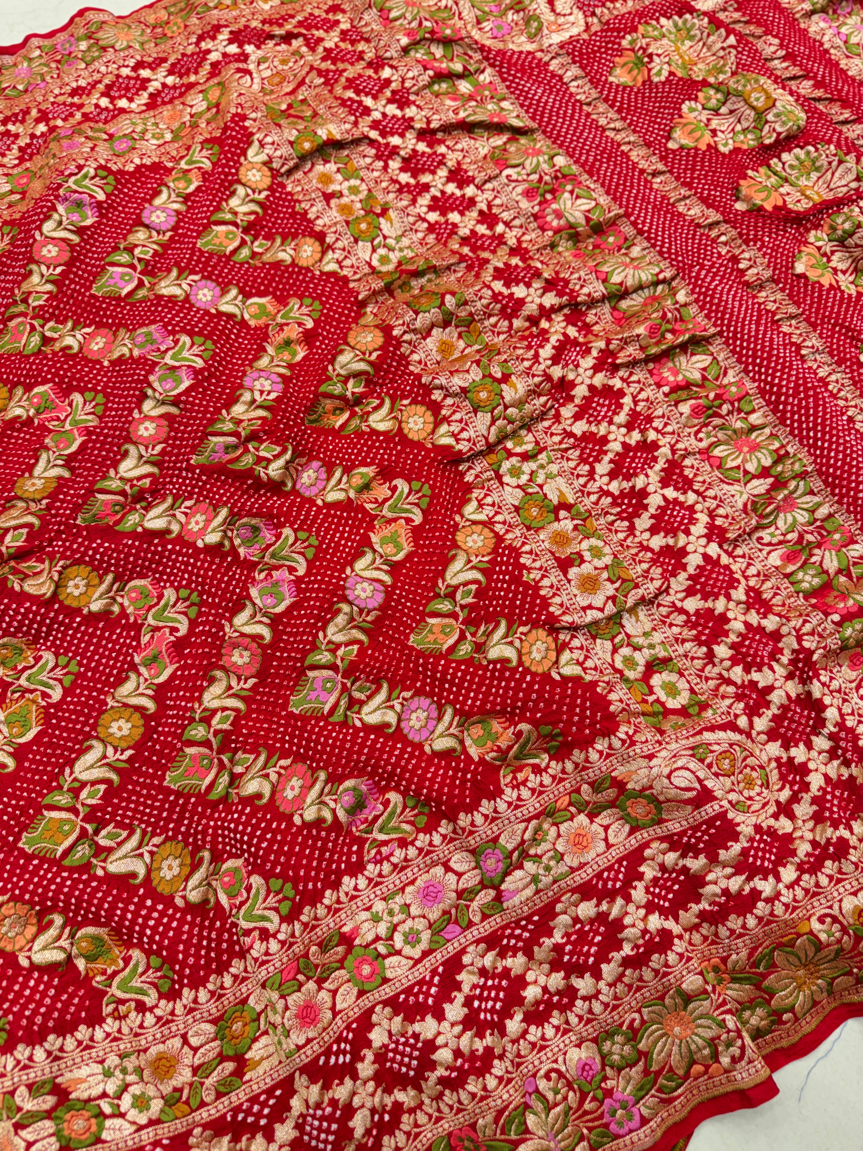 Red Floral Meenakari Georgette Rai Bandhej Saree