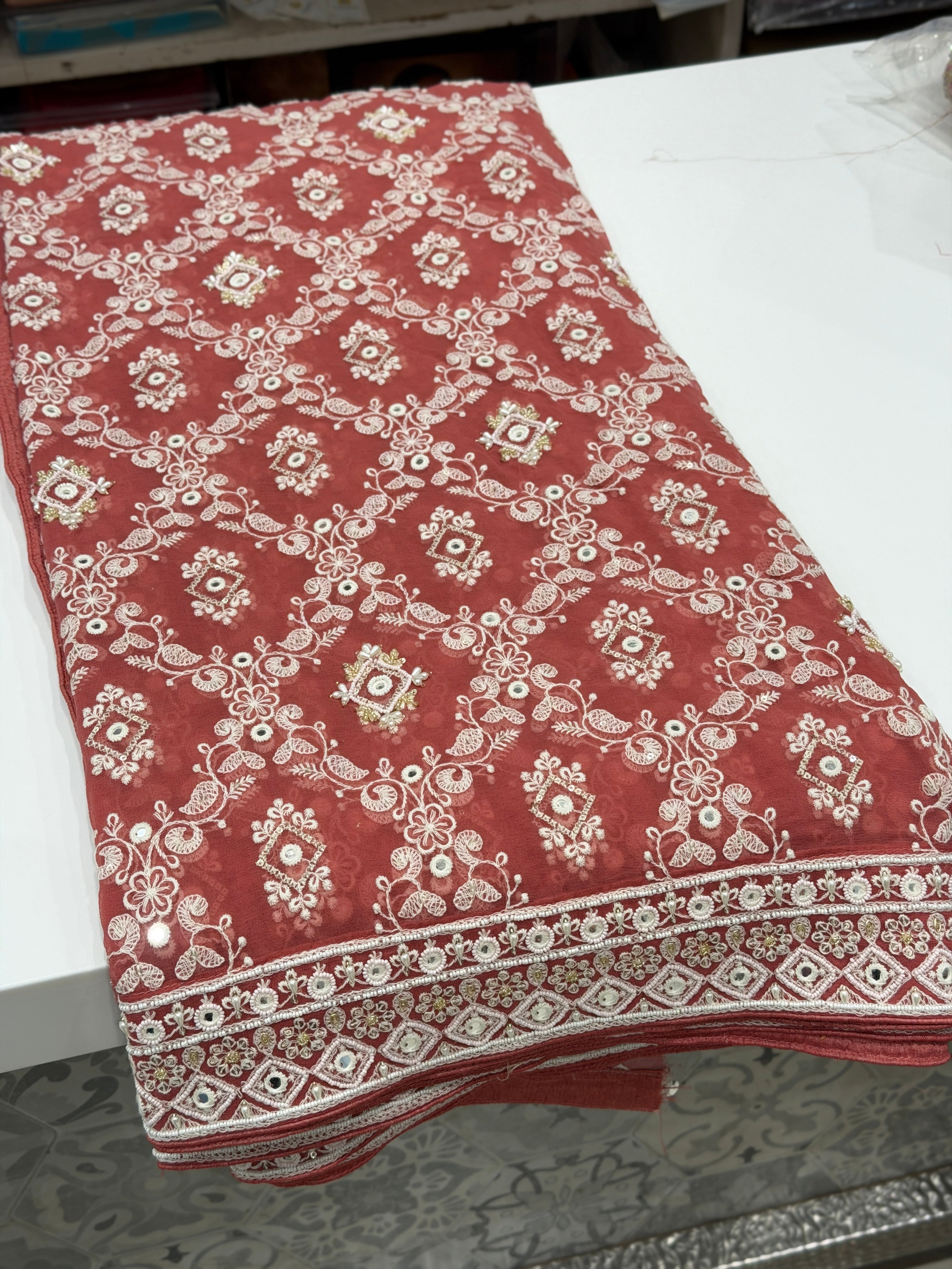 Brick Red Chikankari Georgette Hand Embroidery Moti and Zardosi Saree