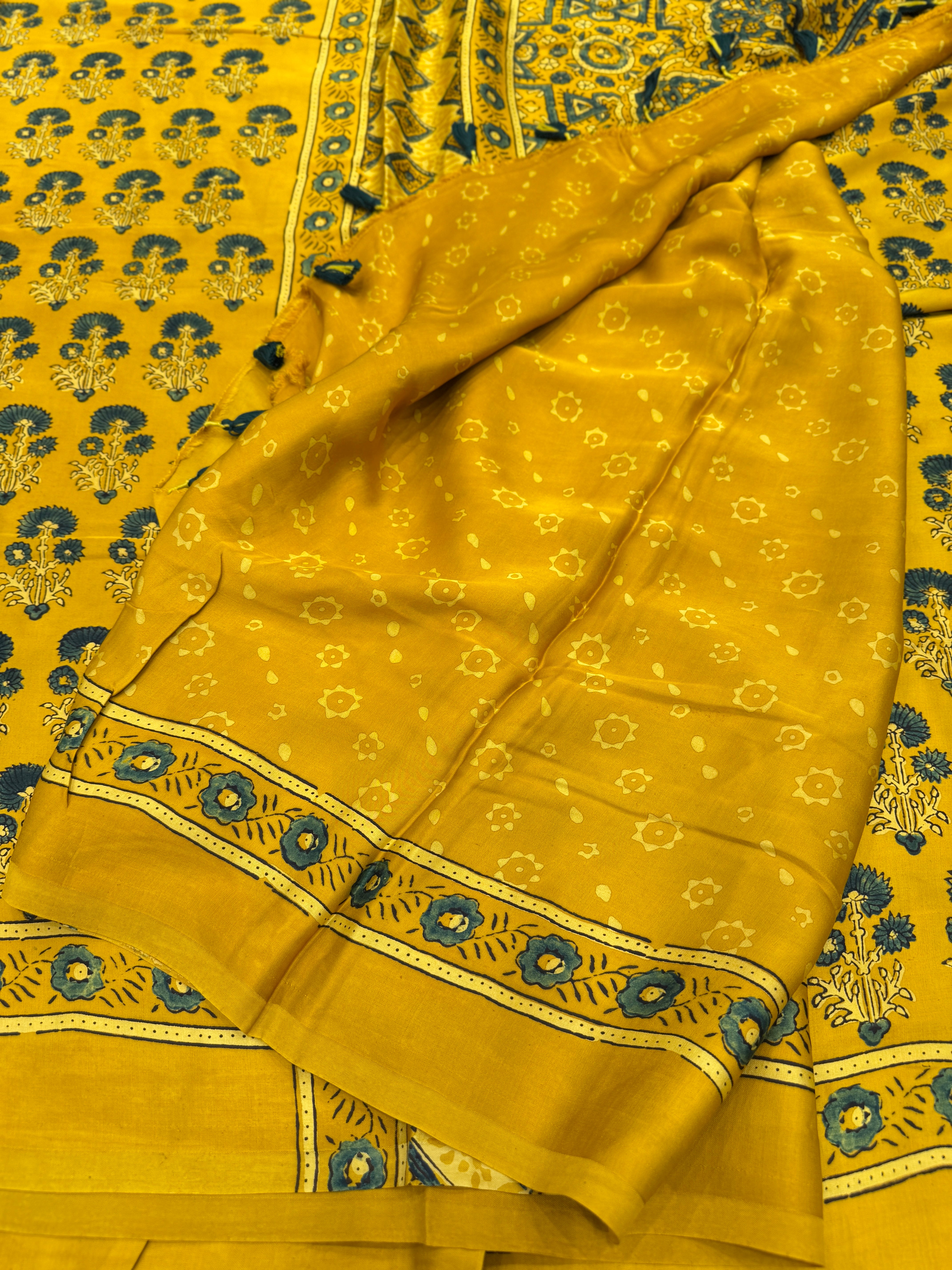 Yellow Floral Buttas Ajrakh Block Print Hand Pure Gajji Silk Saree