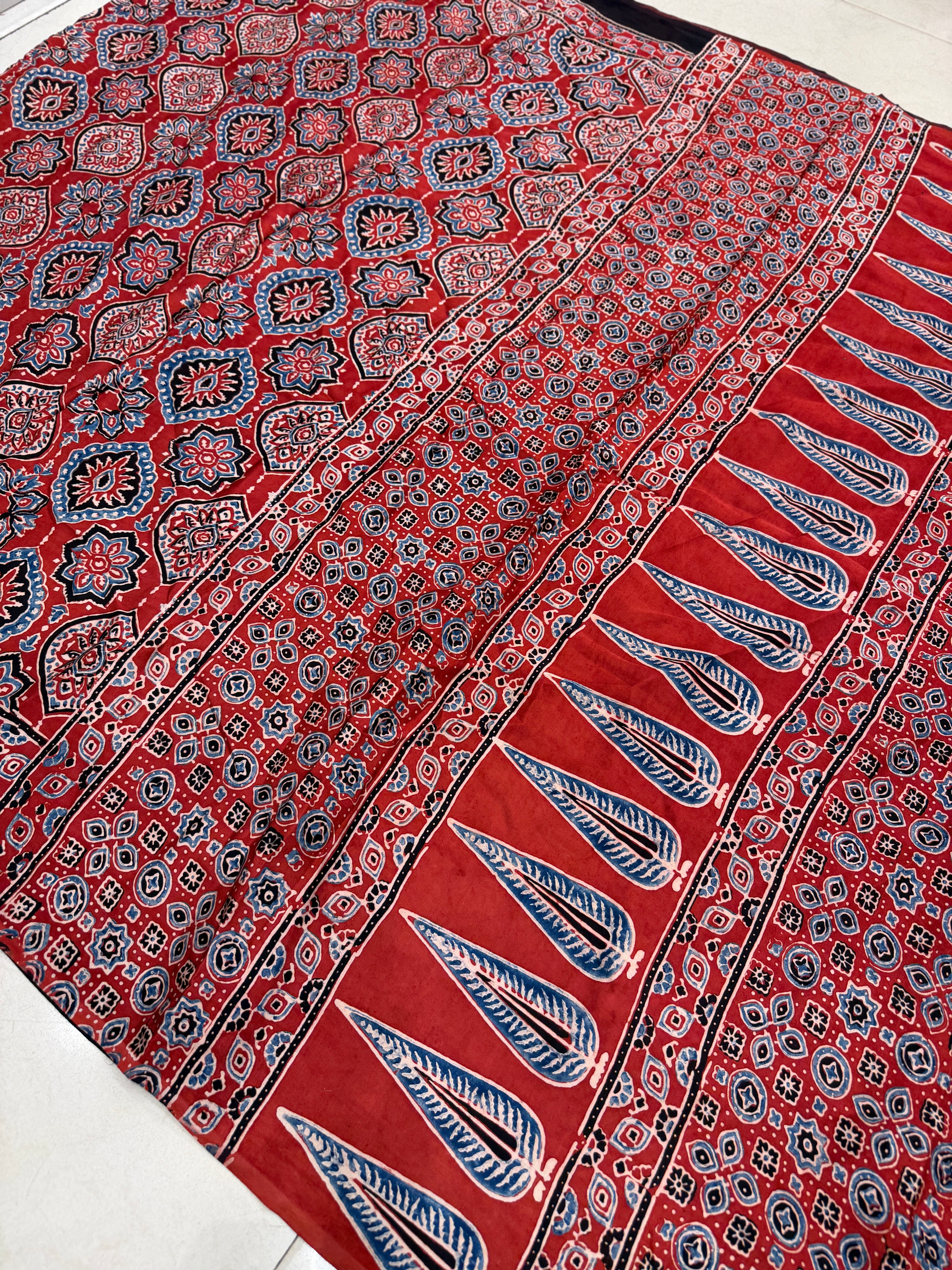 Red Badam Jaal Ajrakh Hand Block Print Pure Gajji Silk Saree