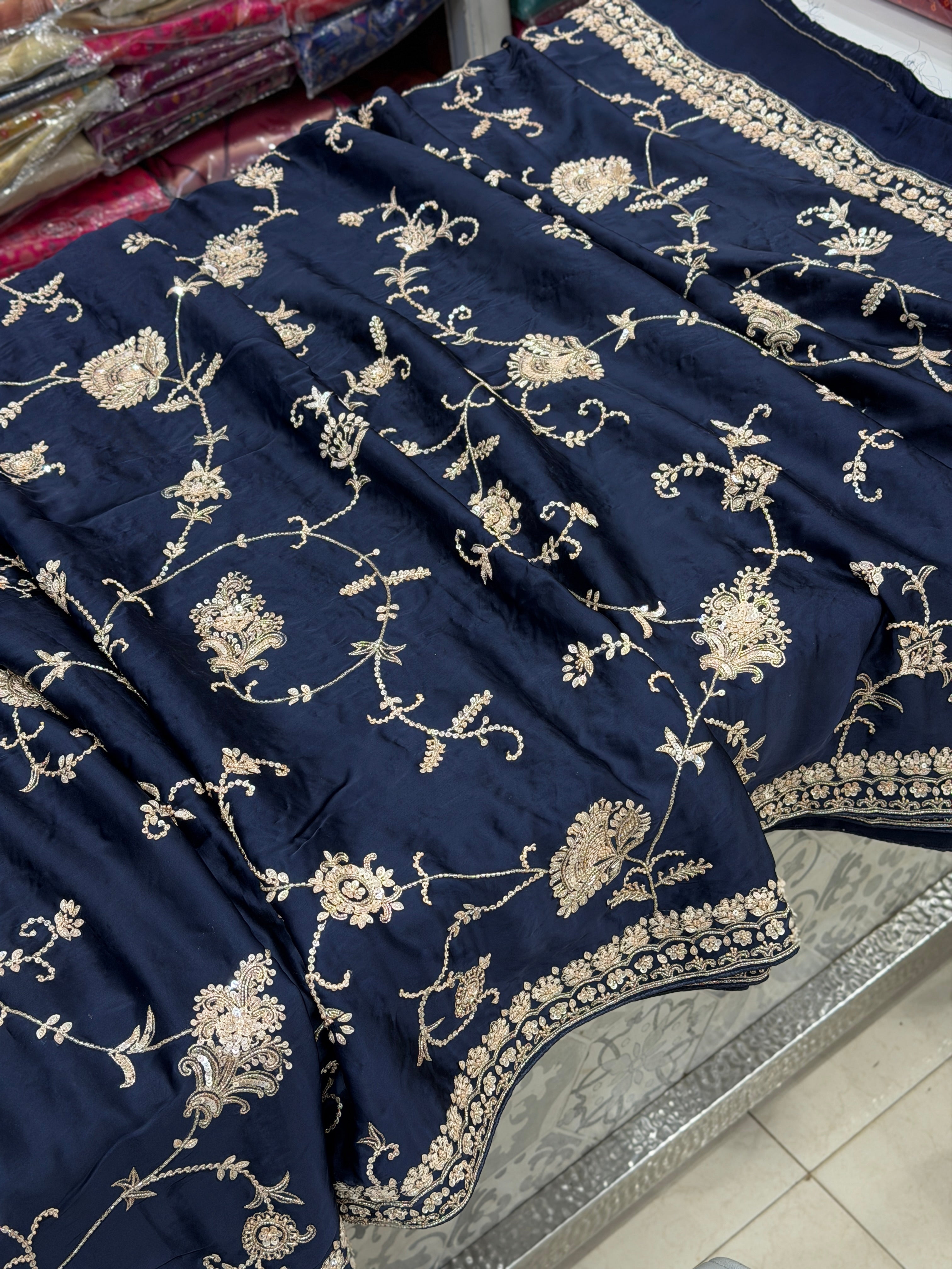 Blue Satin Silk Moti Sequin Jaal Hand Embroidery Saree