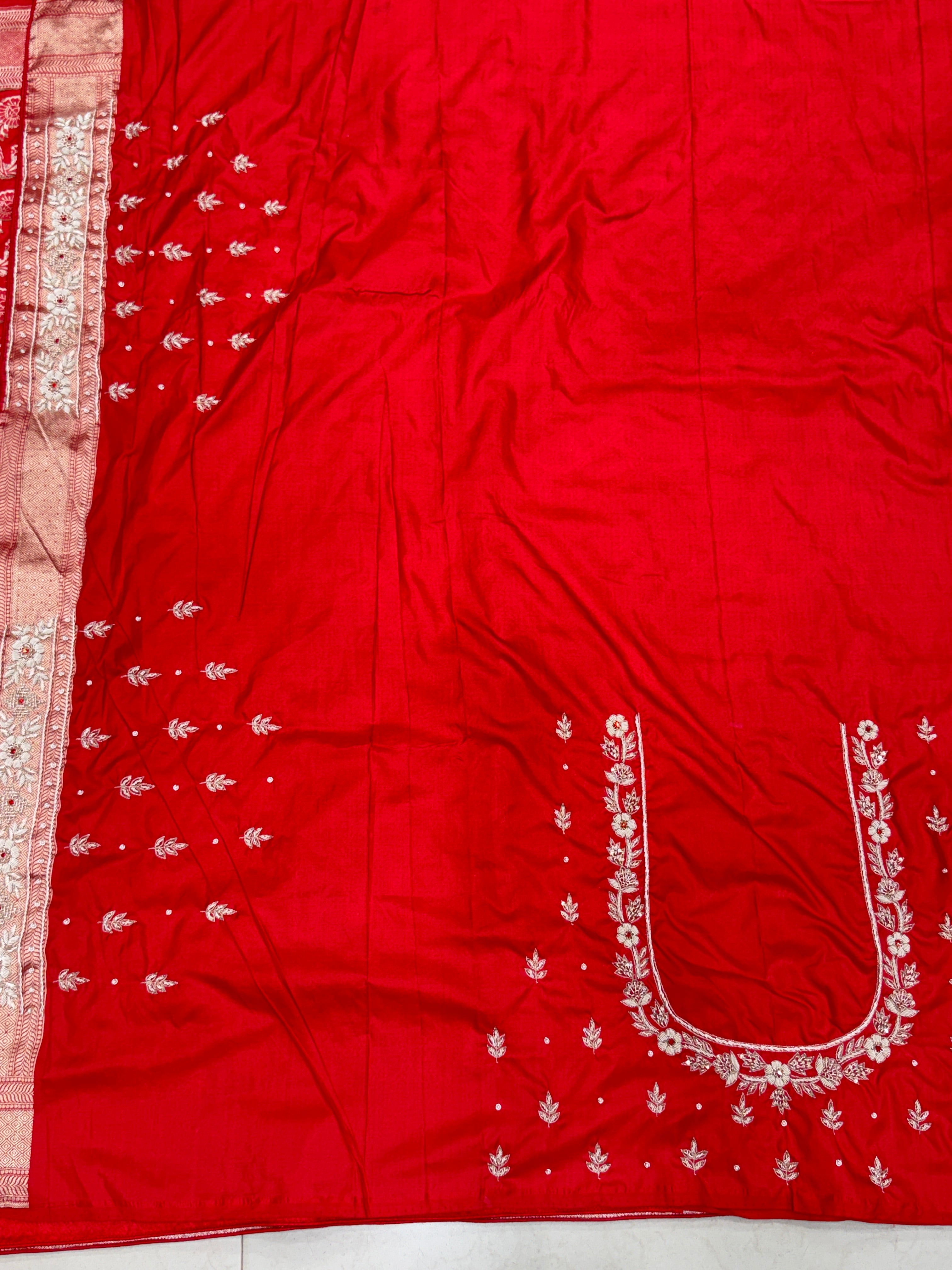 Red Jaal Handloom Banarasi Pure Katan Crystal Zardosi Embroidery Saree