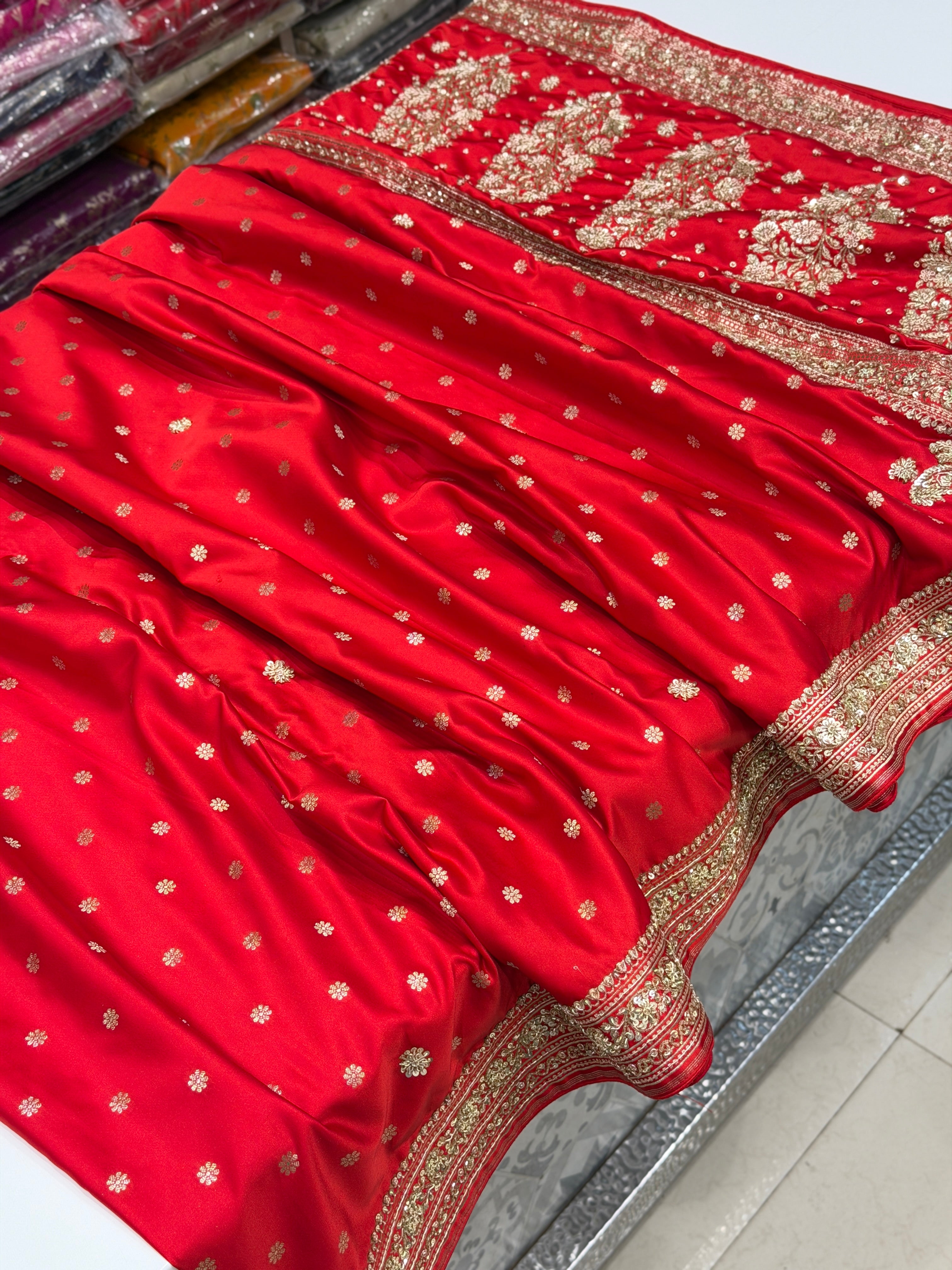 Red Banarasi Star Butti Hand Done Zardozi Saree
