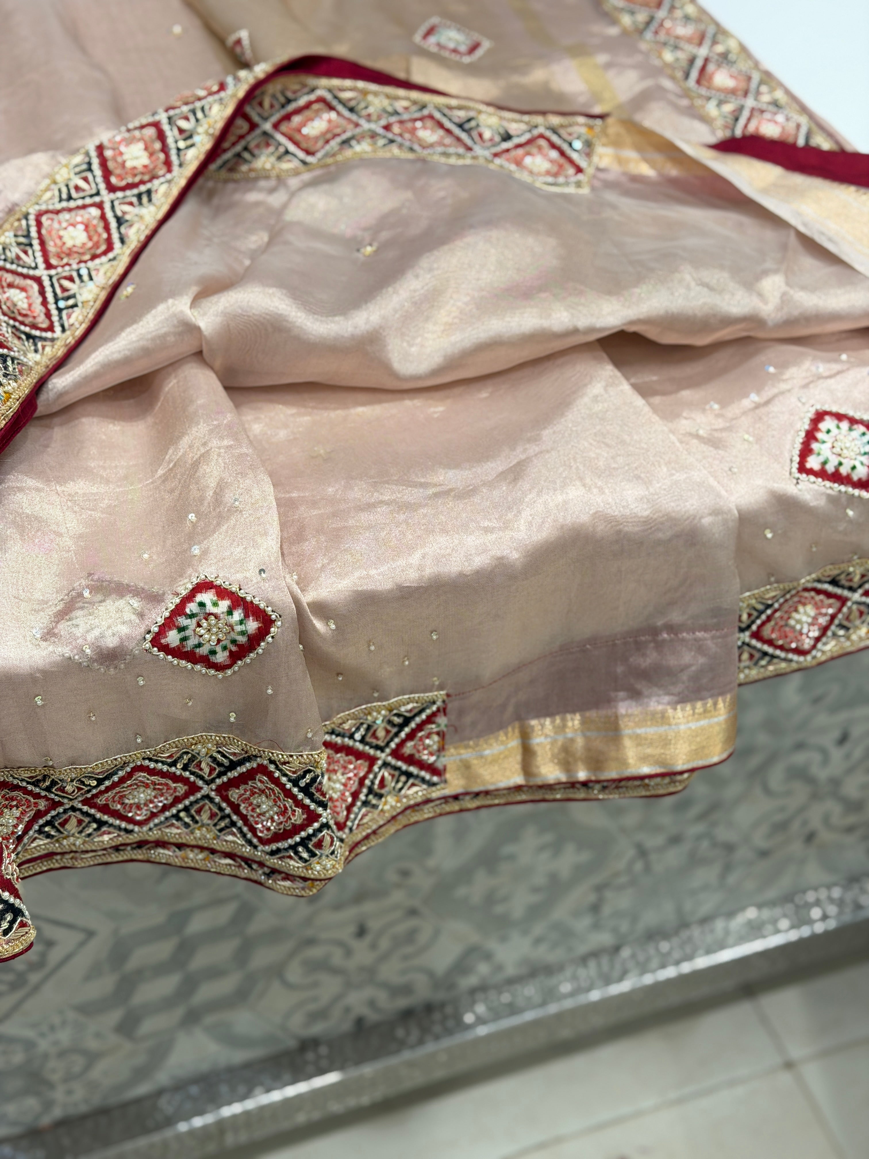 Pink Pure Tissue Patan Patola Patch Hand Embroidery Saree