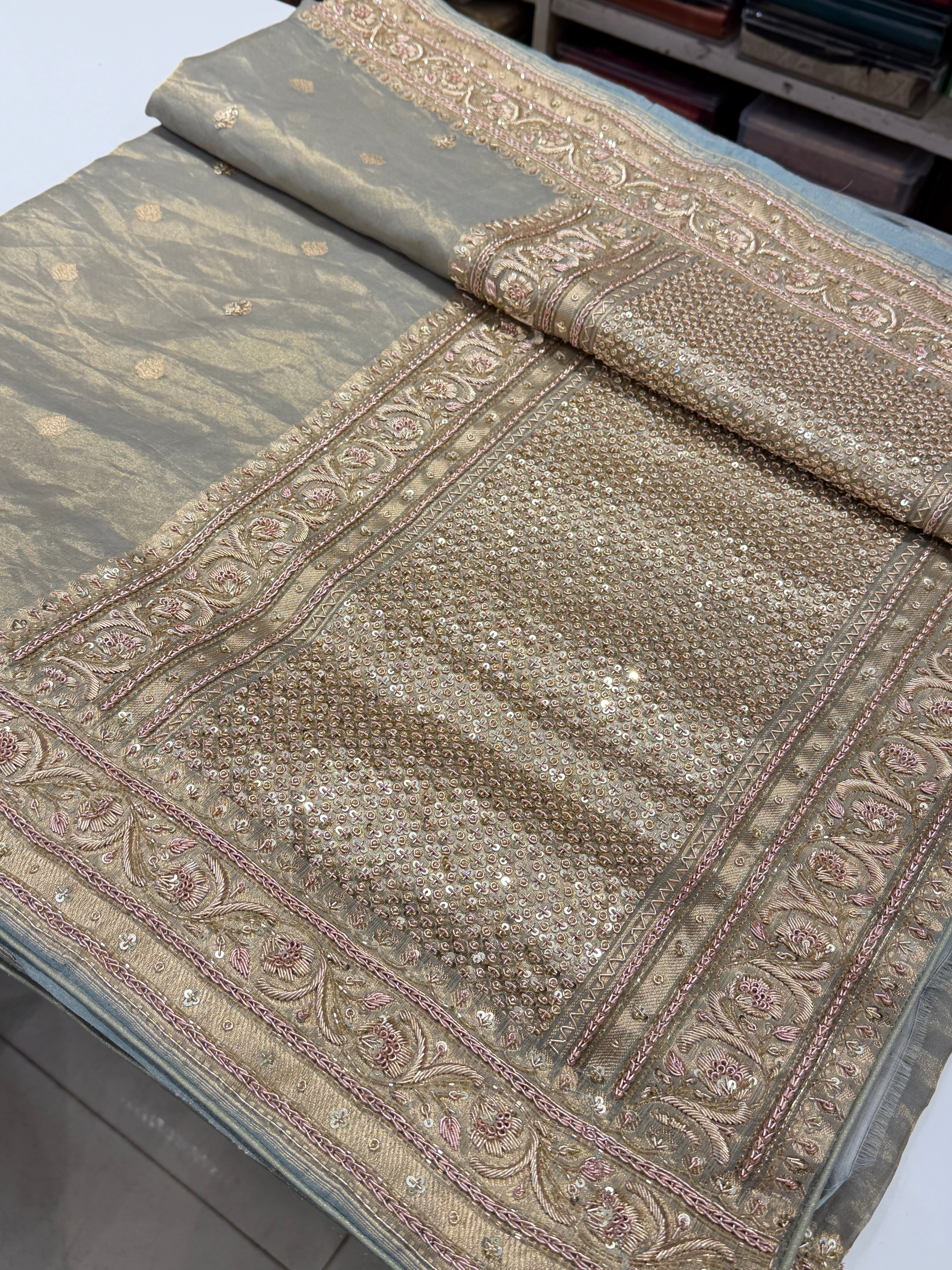 Space Blue Banarasi Tissue Handloom Kadwa Weave Zardosi Embroidery Saree