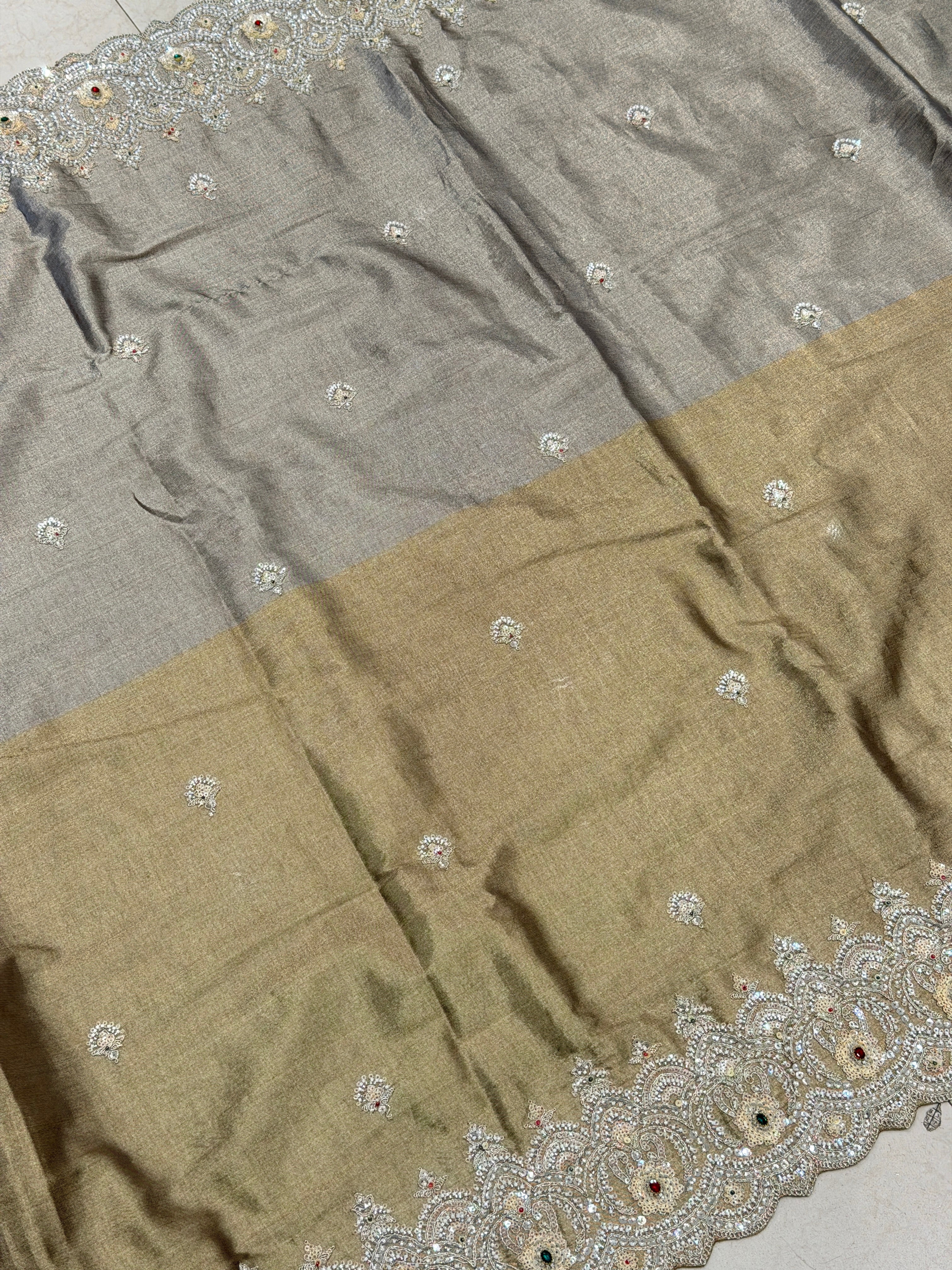 Light Golden Silver Soft Tissue Moti Crystal Embroidery Saree