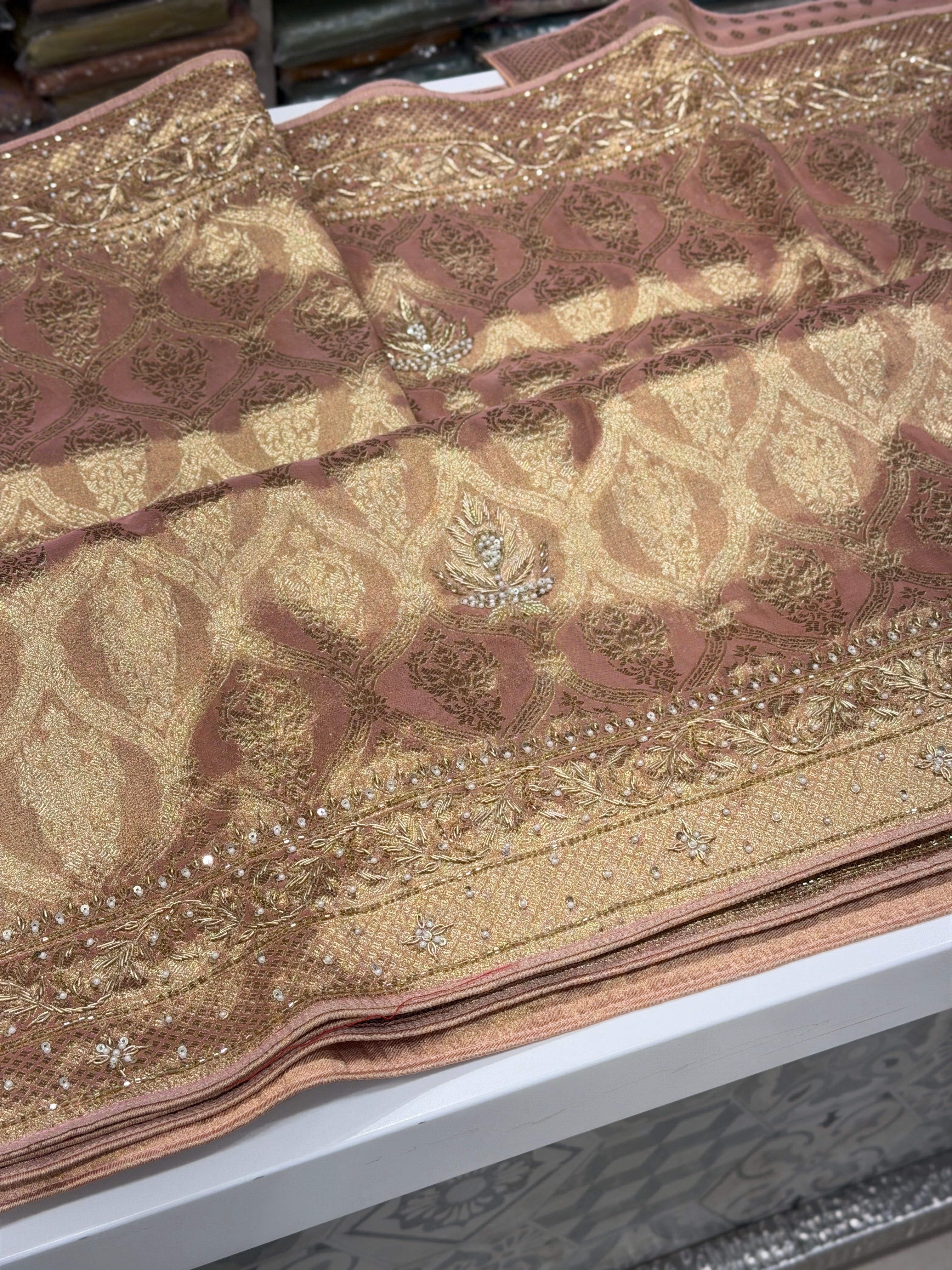 Nude Pink Crown Jaal Banarasi Zardosi Embroidery Saree