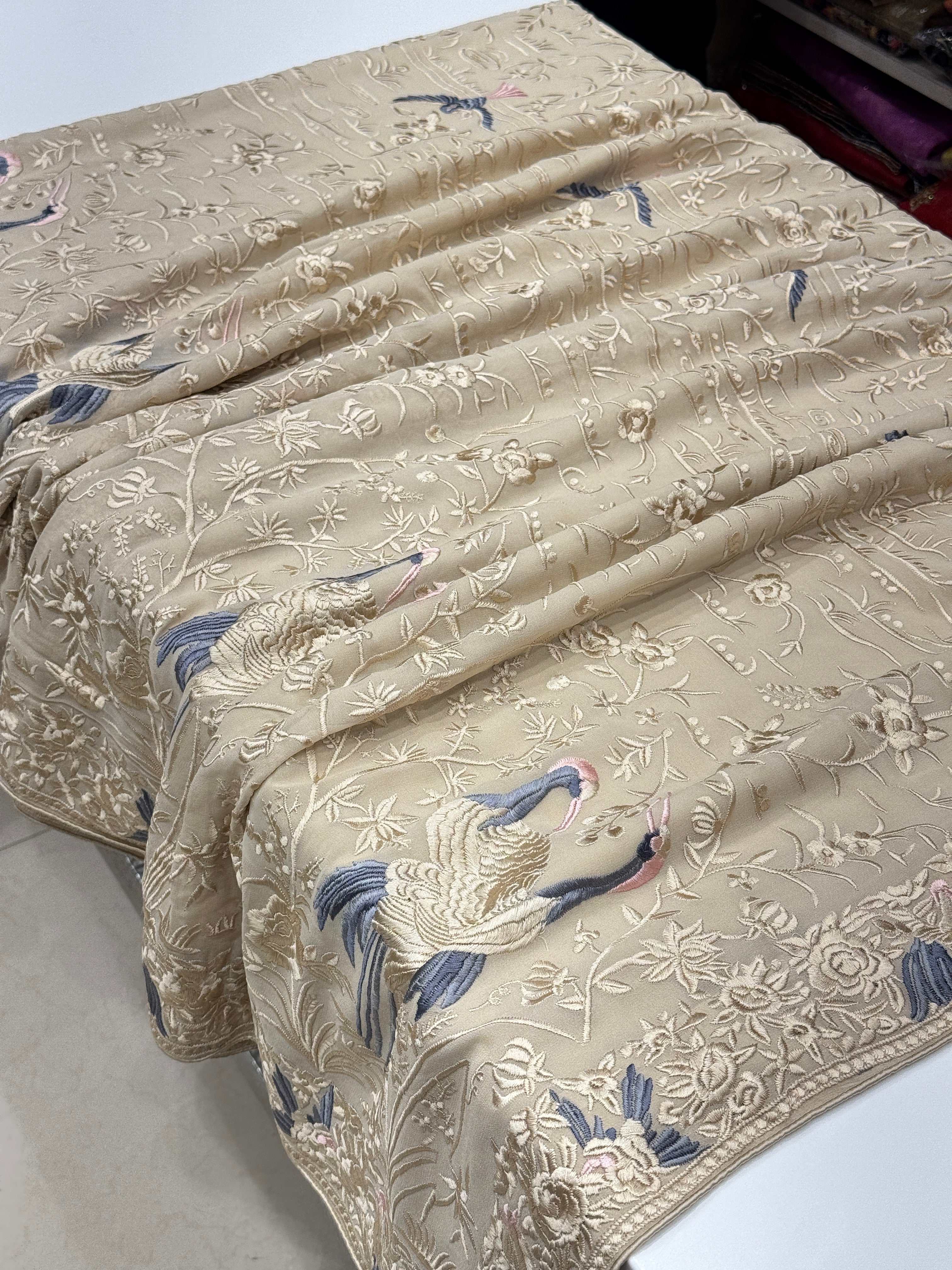 Beige Georgette Flamingo Parsi Gara Saree