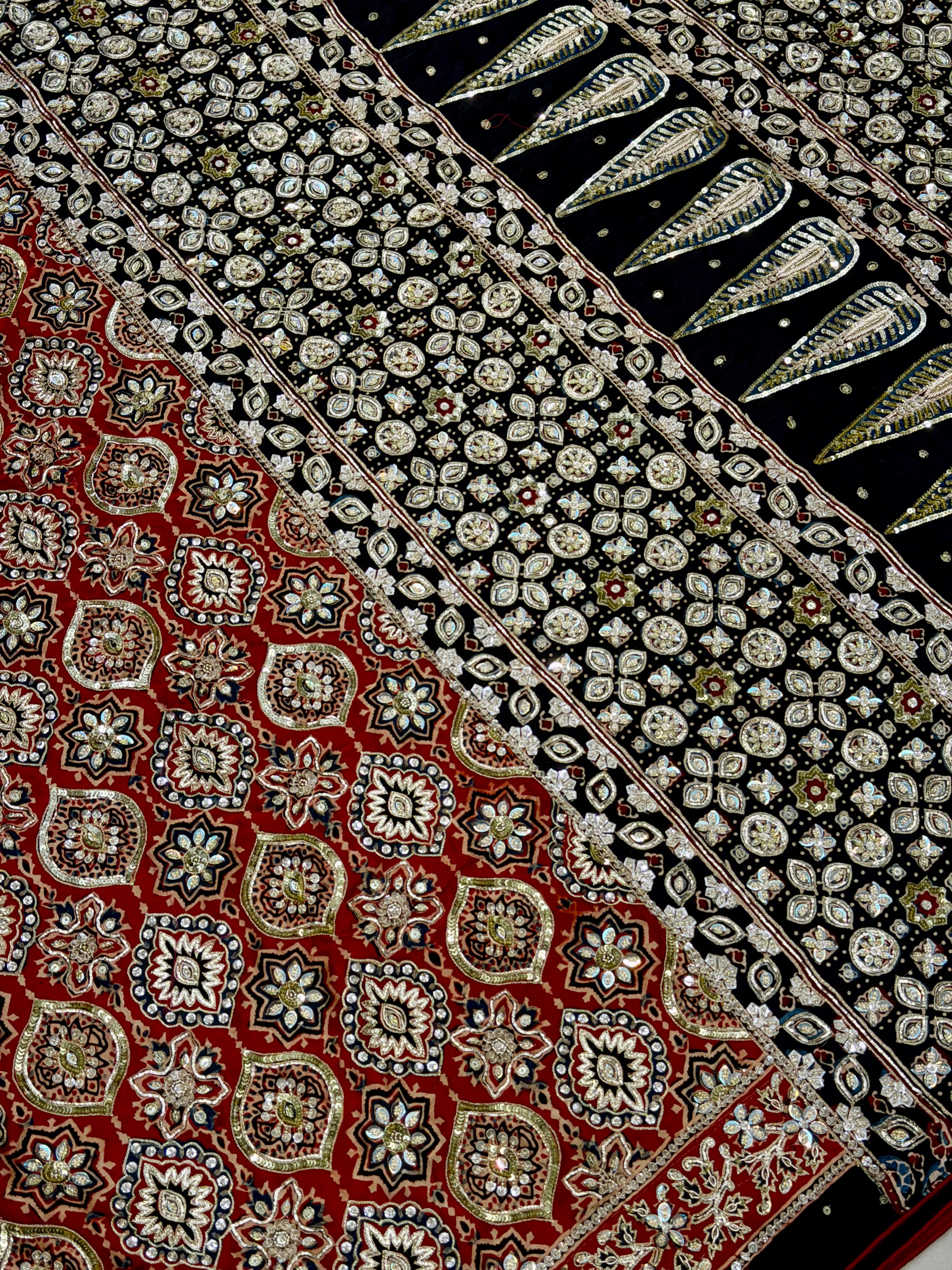 Red Black Badam Jaal French Knot Pita Zardosi Sequin Ajrakh Hand Embroidery Saree