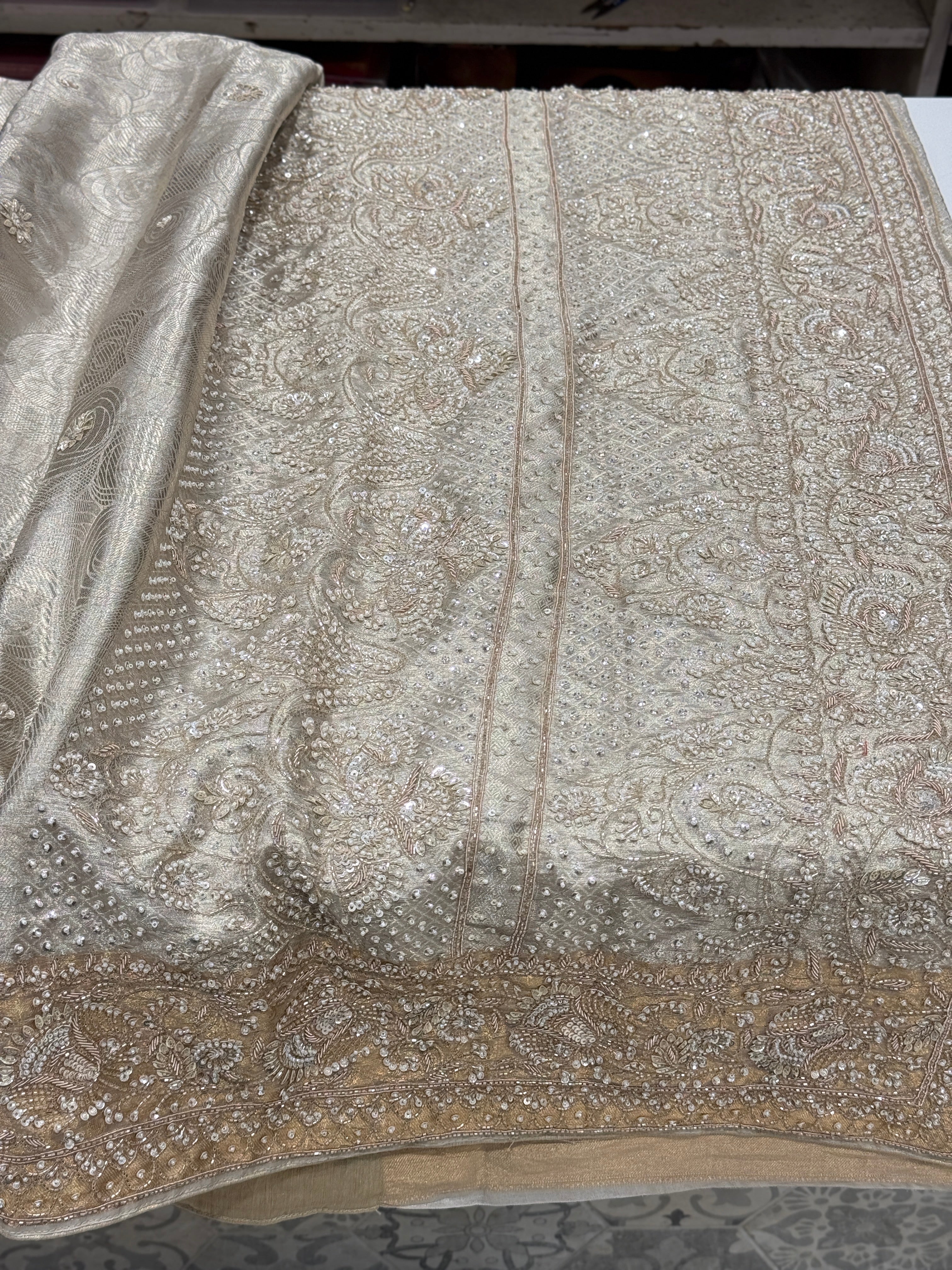 Silver Tissue Kanjivaram Zardosi Moti Hand Embroidery Saree