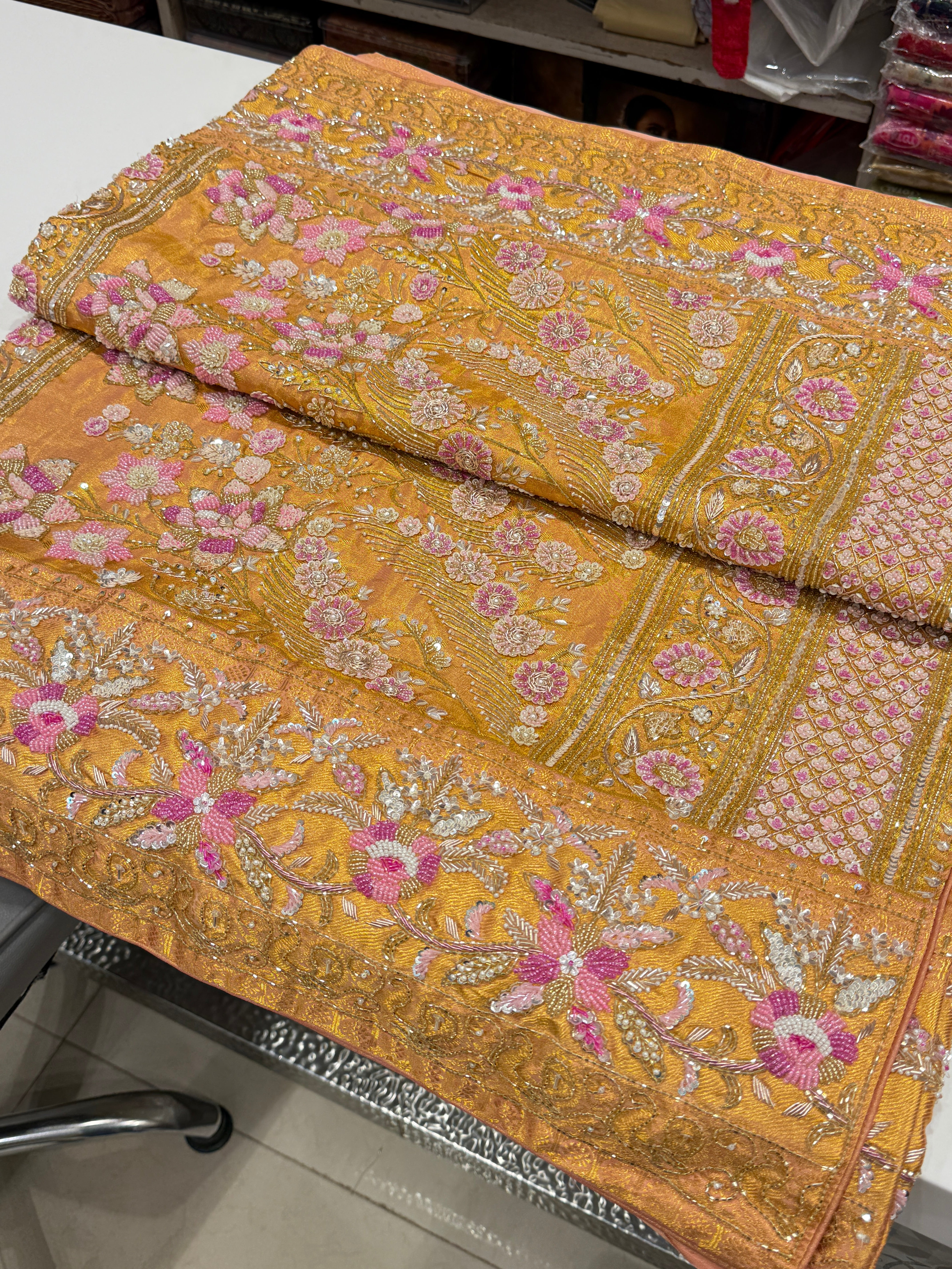 Gold Tissue Kanjivaram Rangkat Hand Embroidery Saree