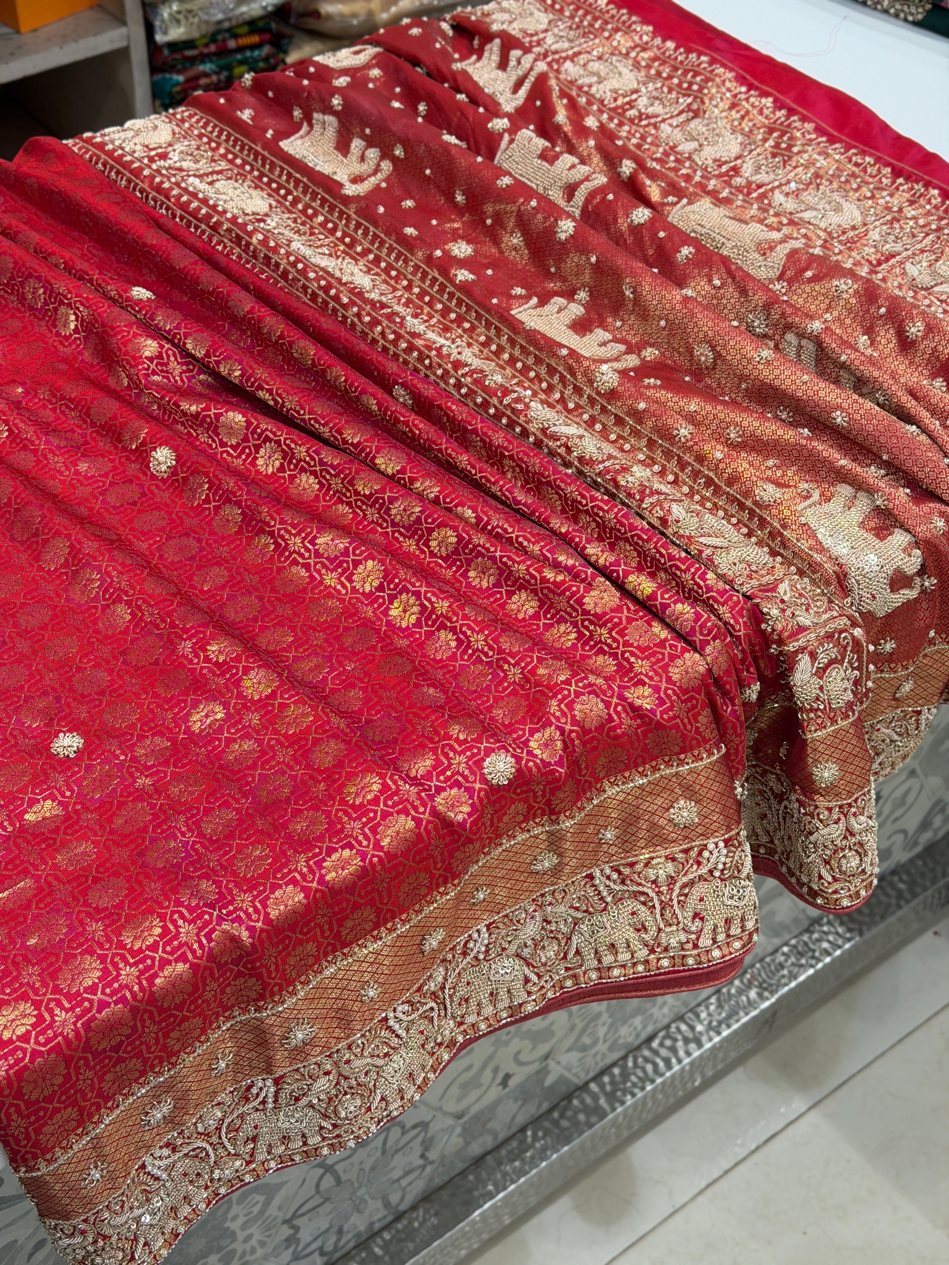 Crimson Kanjivaram Elephant Motifs Zardosi Hand Embroidery Saree