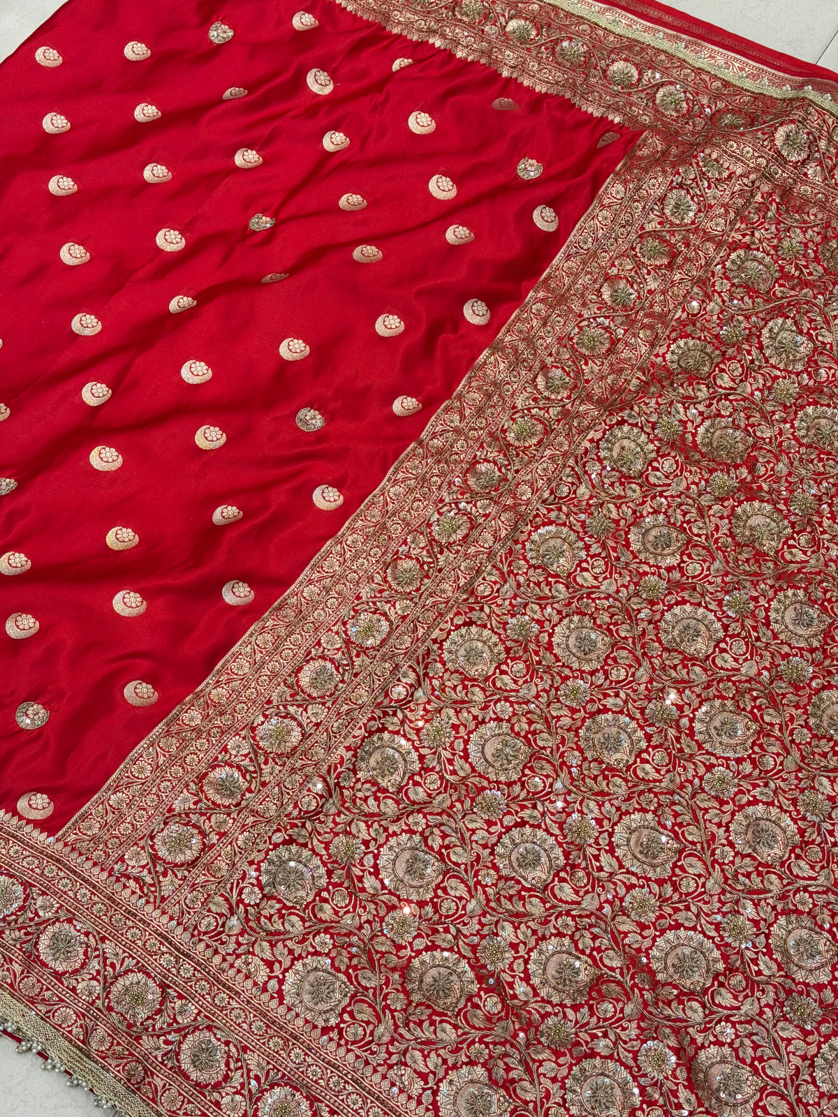 Cross Red Banarasi Chand Buttis Antique Zardosi Hand Embroidery Saree