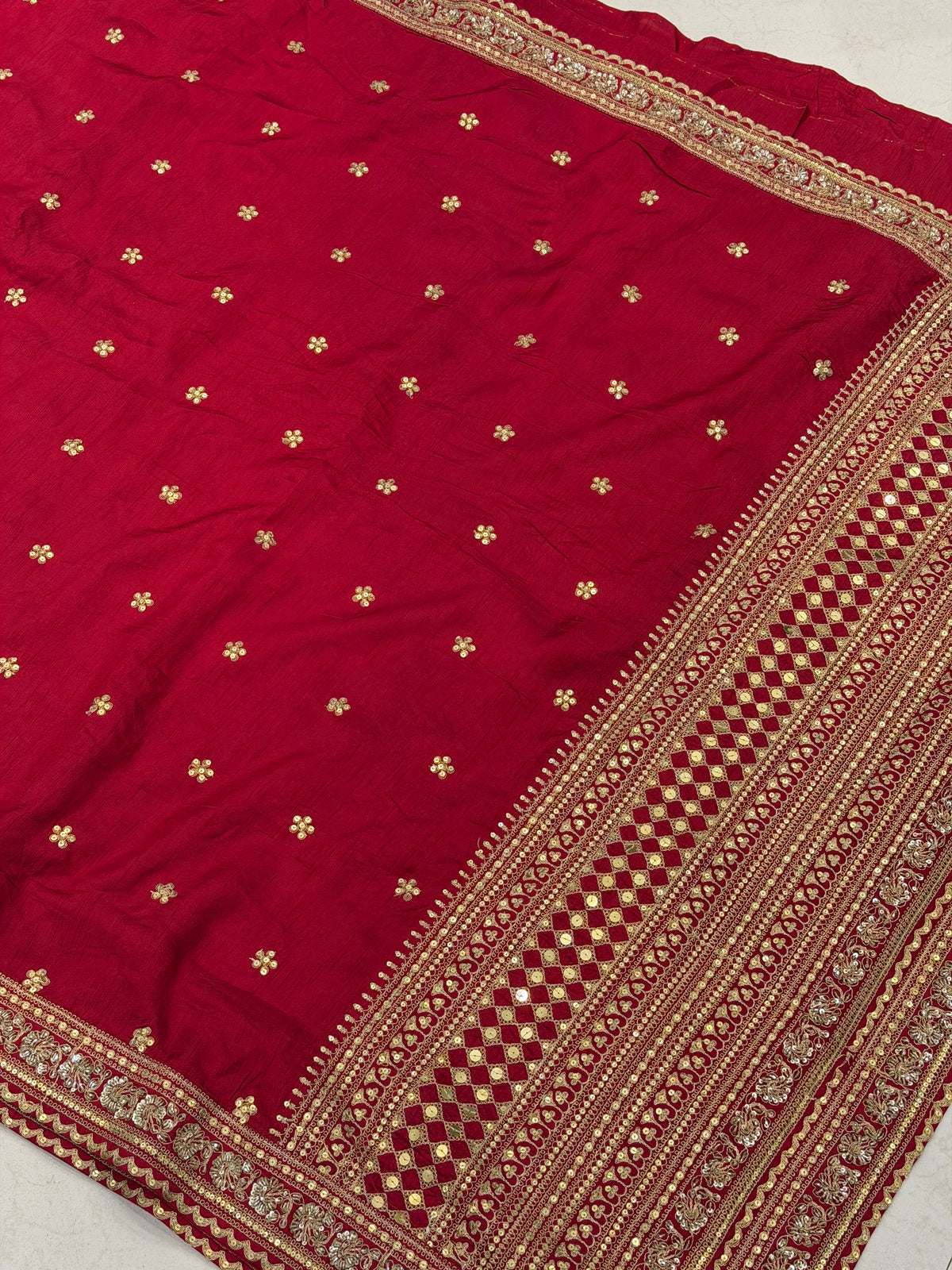 Red Heavy Pallu and Buttis Sabyasachi Inspired Marodi Embroidery Zardosi Saree