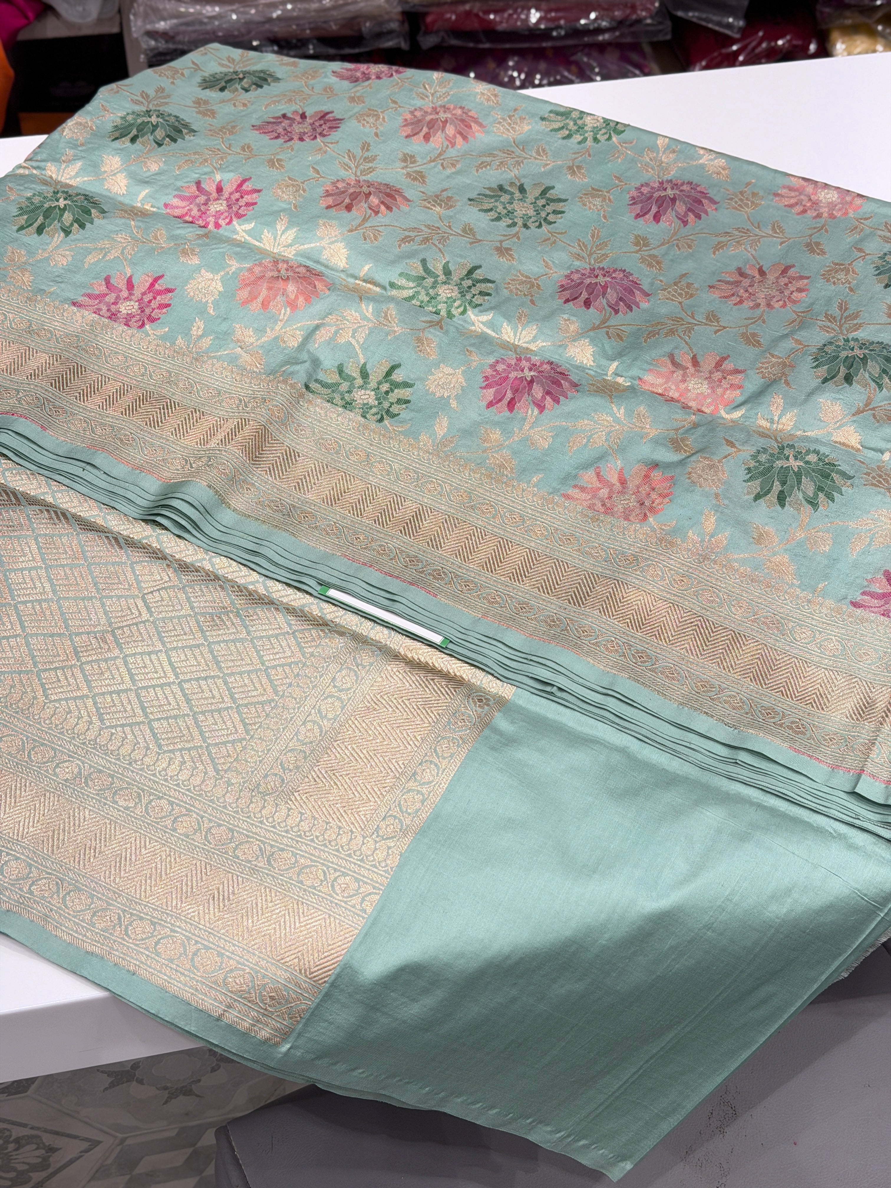 Pastel Sea Green Tilfi Meenakari Banarasi Katan Silk Saree