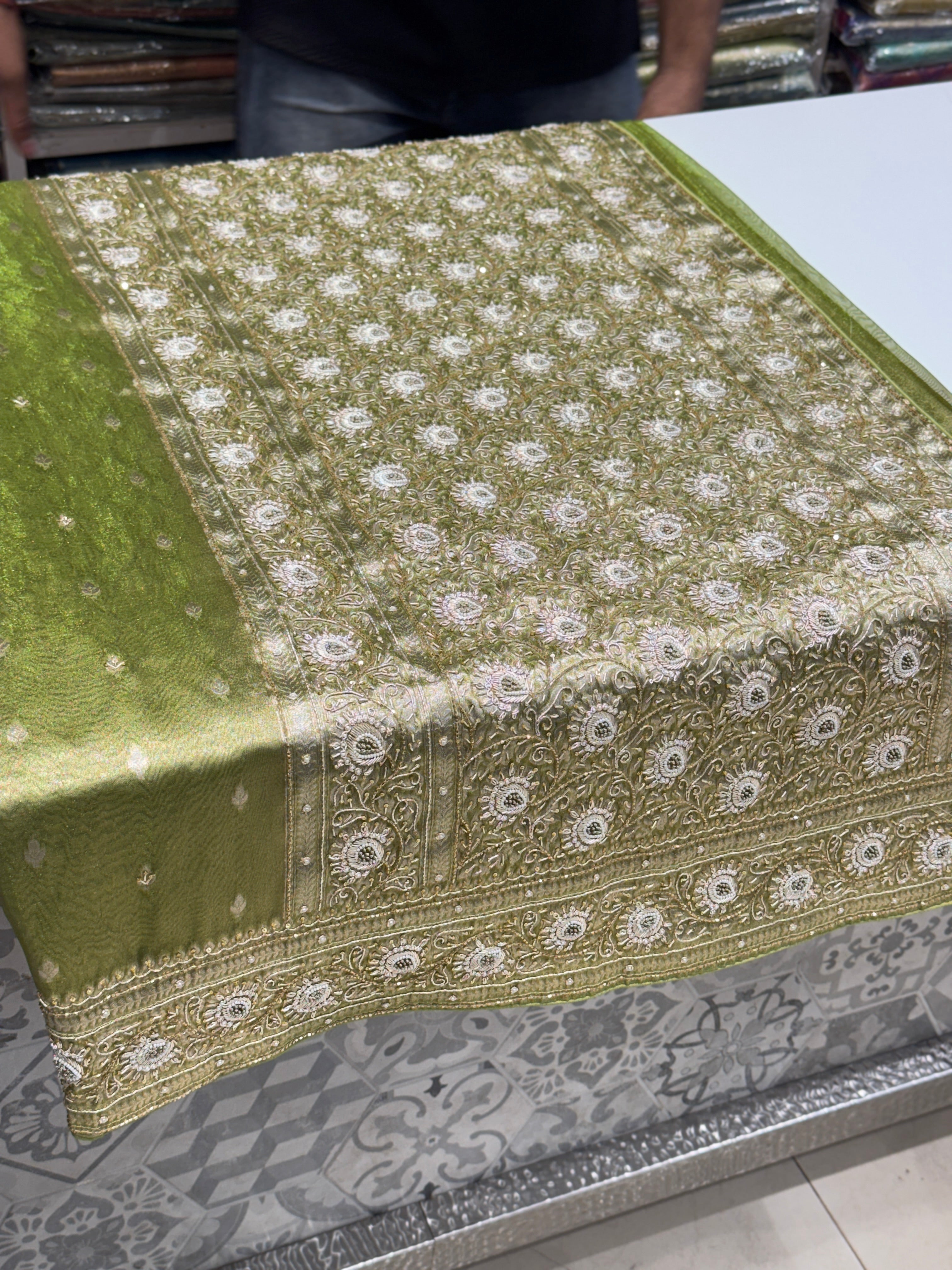 Green Banarasi Tissue Zardosi Embroidery Saree