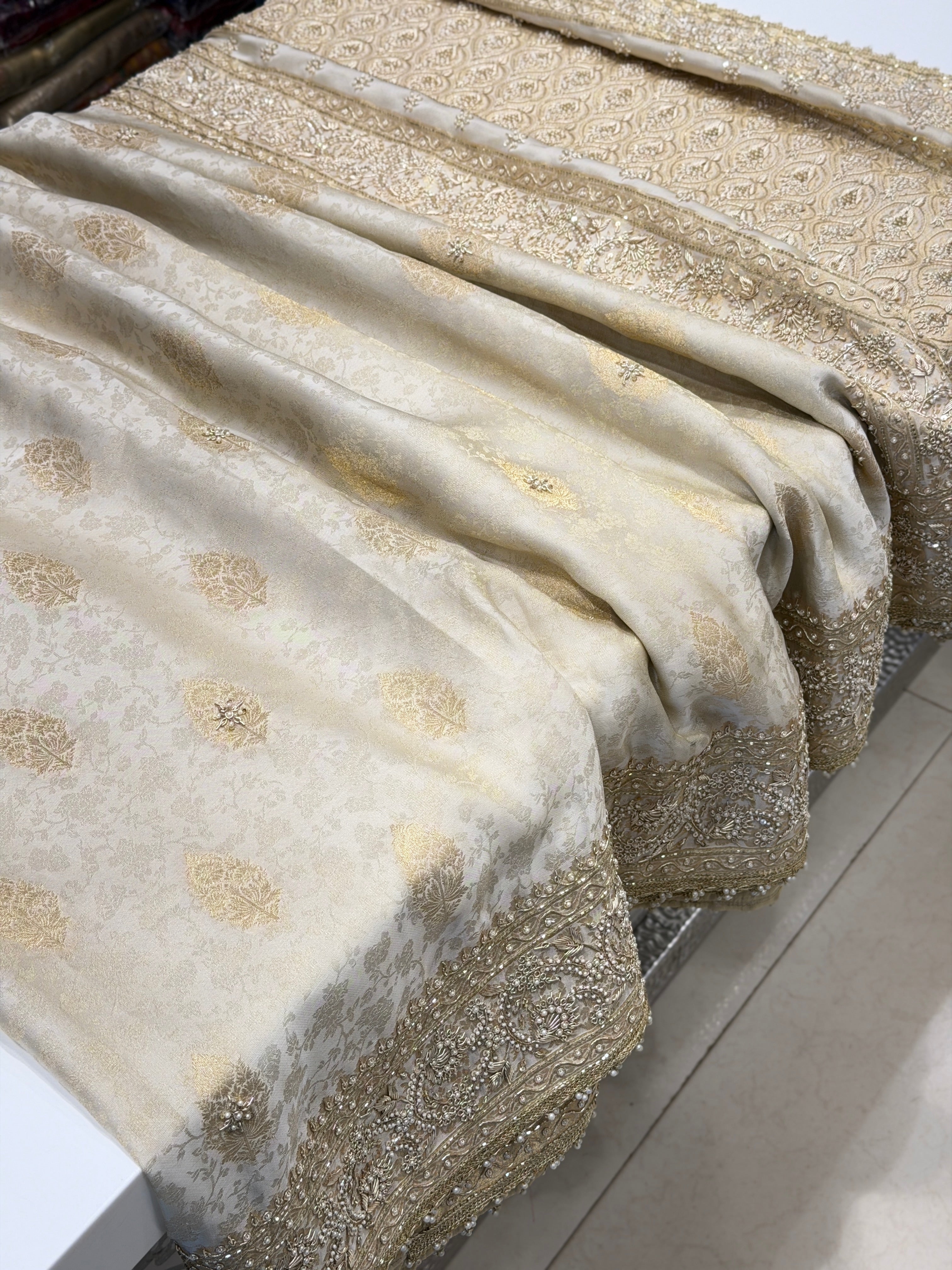 Creme Jaquard Weave Satin Zardosi Hand Embroidery Saree