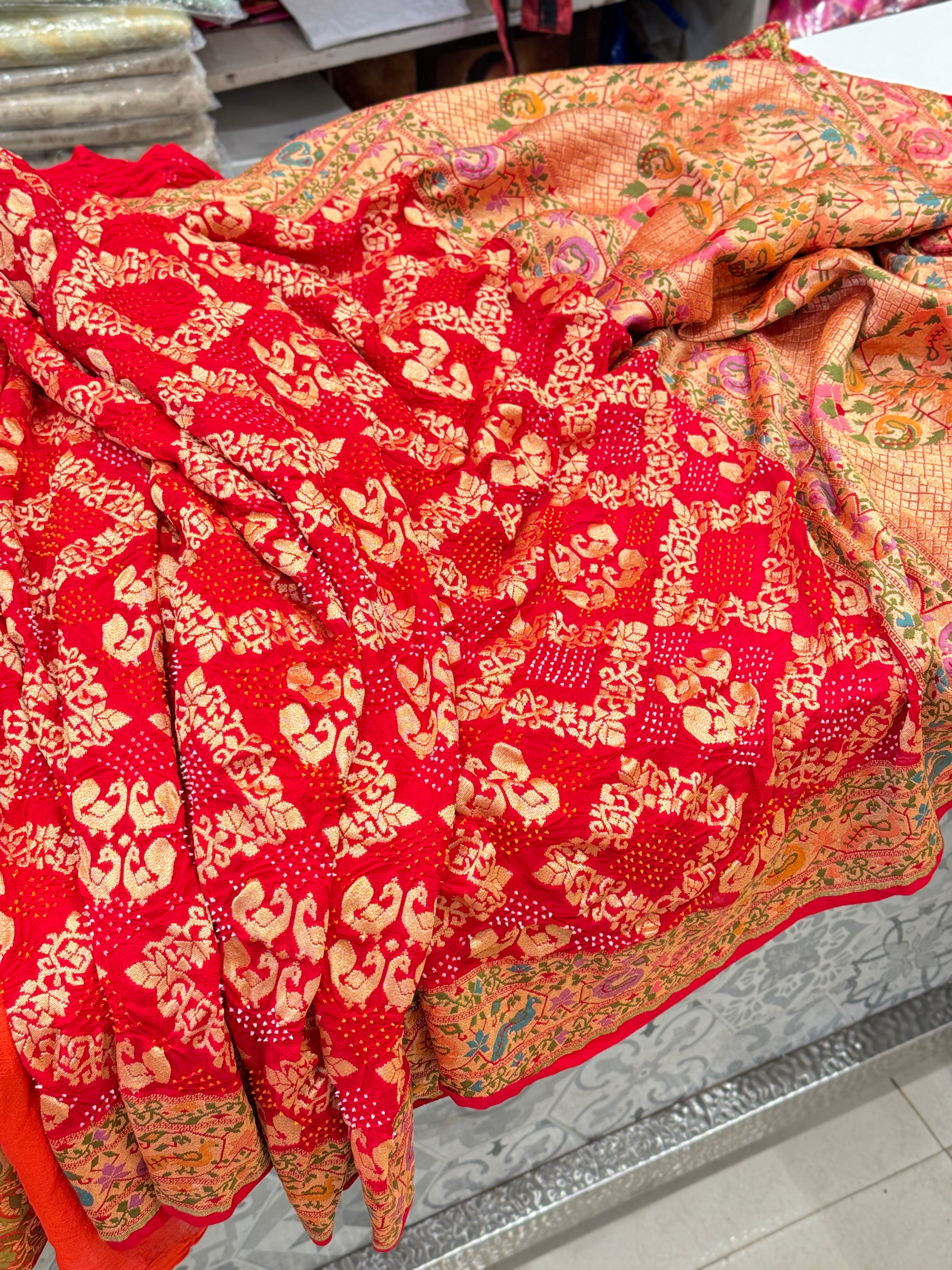 Red Luxury Bandhej Meenakari Saree