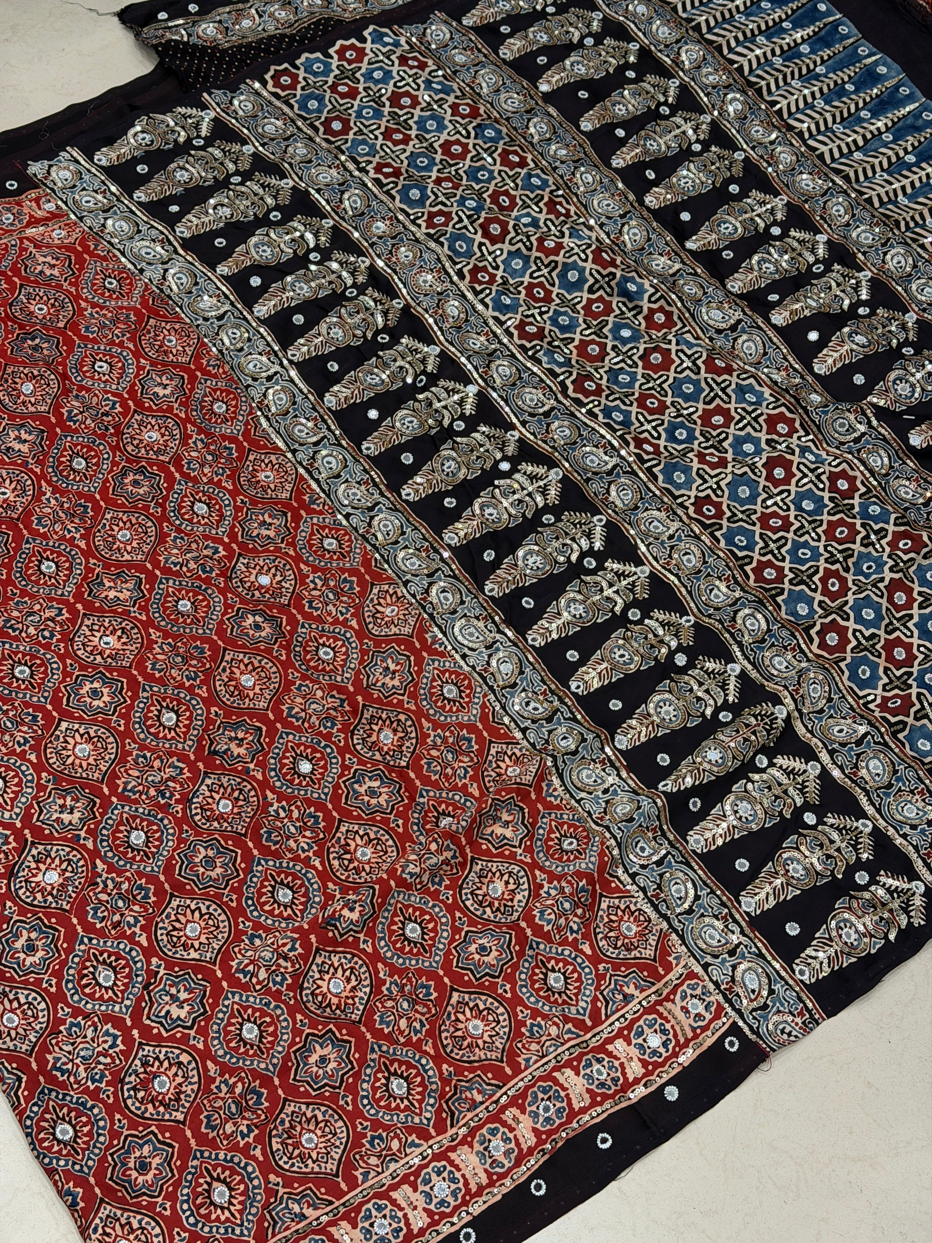 Red Badam Butta Ajrakh Jaal Real Mirror Moti Sequin Hand Embroidery Saree