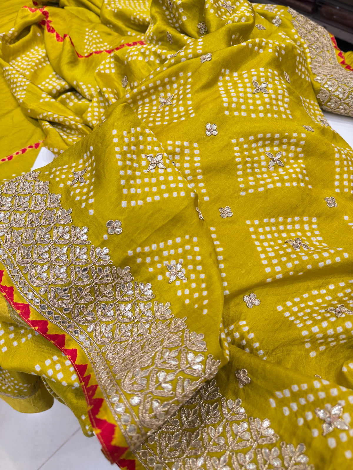 Lime Green Faabiiana Inspired Gajji Silk Rai Bandhej Gotapatti Marodi Hand Embroidery Saree