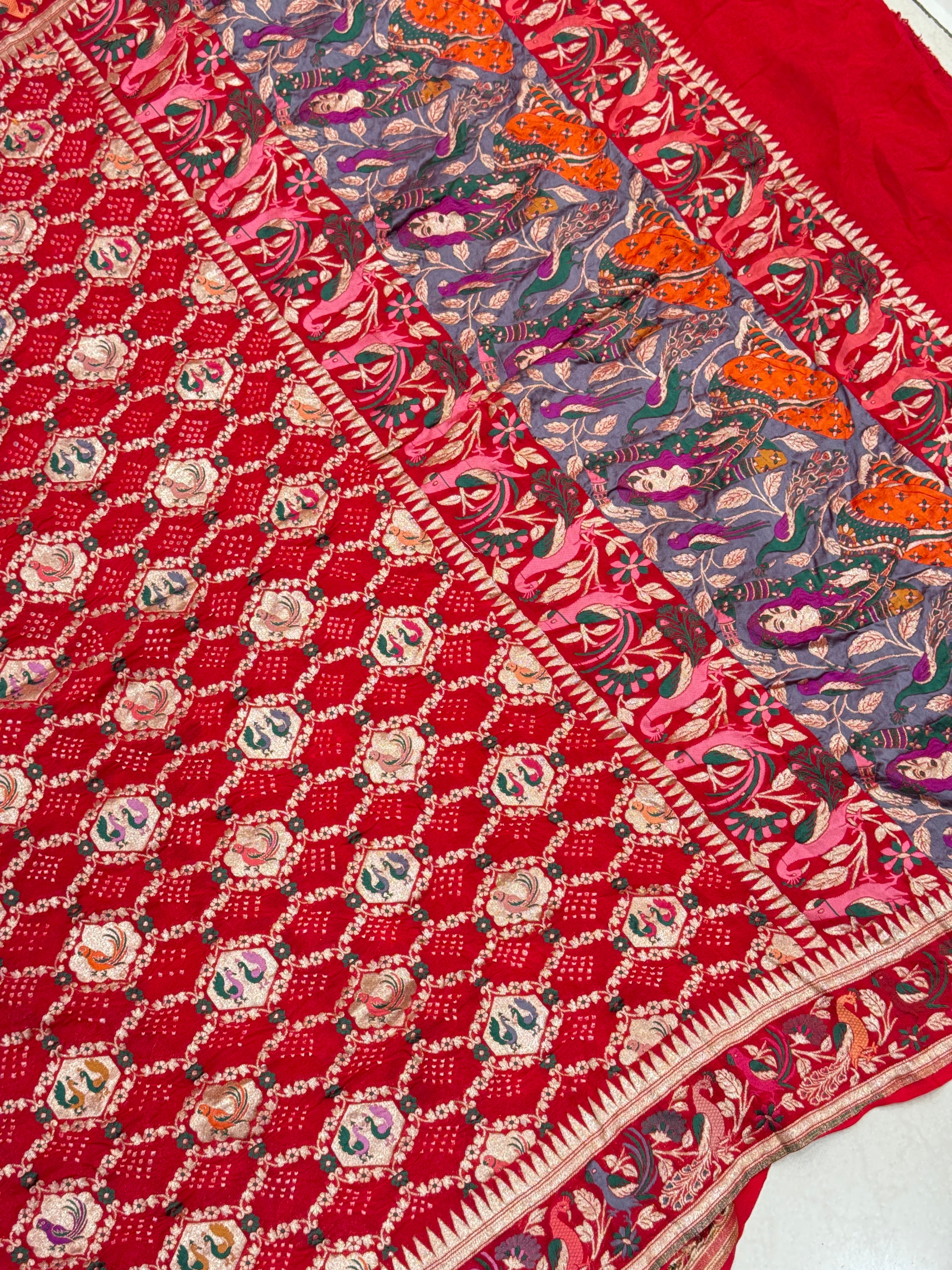 Red Paithani Style Meenakari Rai Bandhej Georgette Bandhini Saree