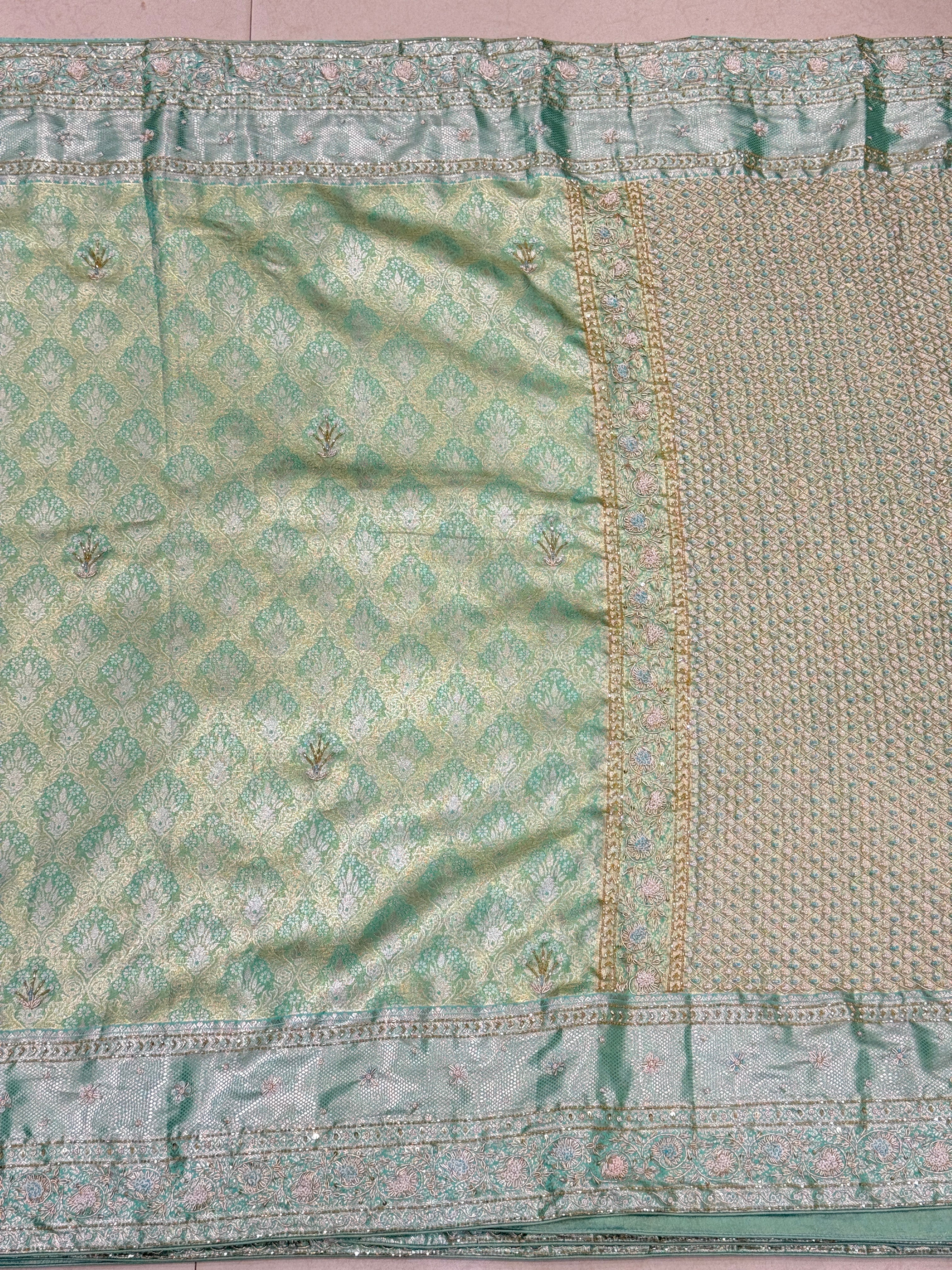 Pista Green Tissue Kanjivaram Hand Embroidery Saree