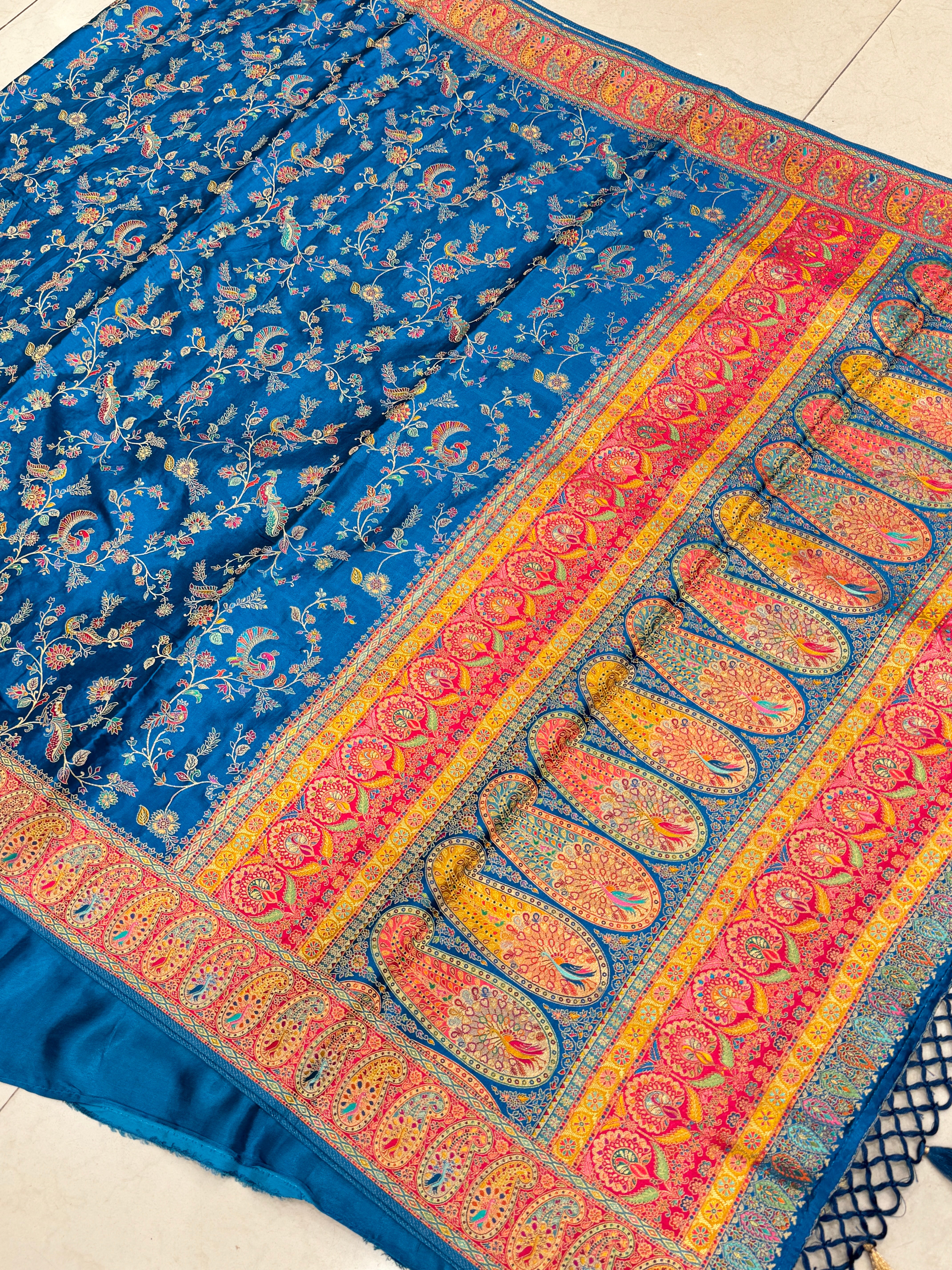 Blue Banarasi Modal Satin Pashmina Style Jaal Saree
