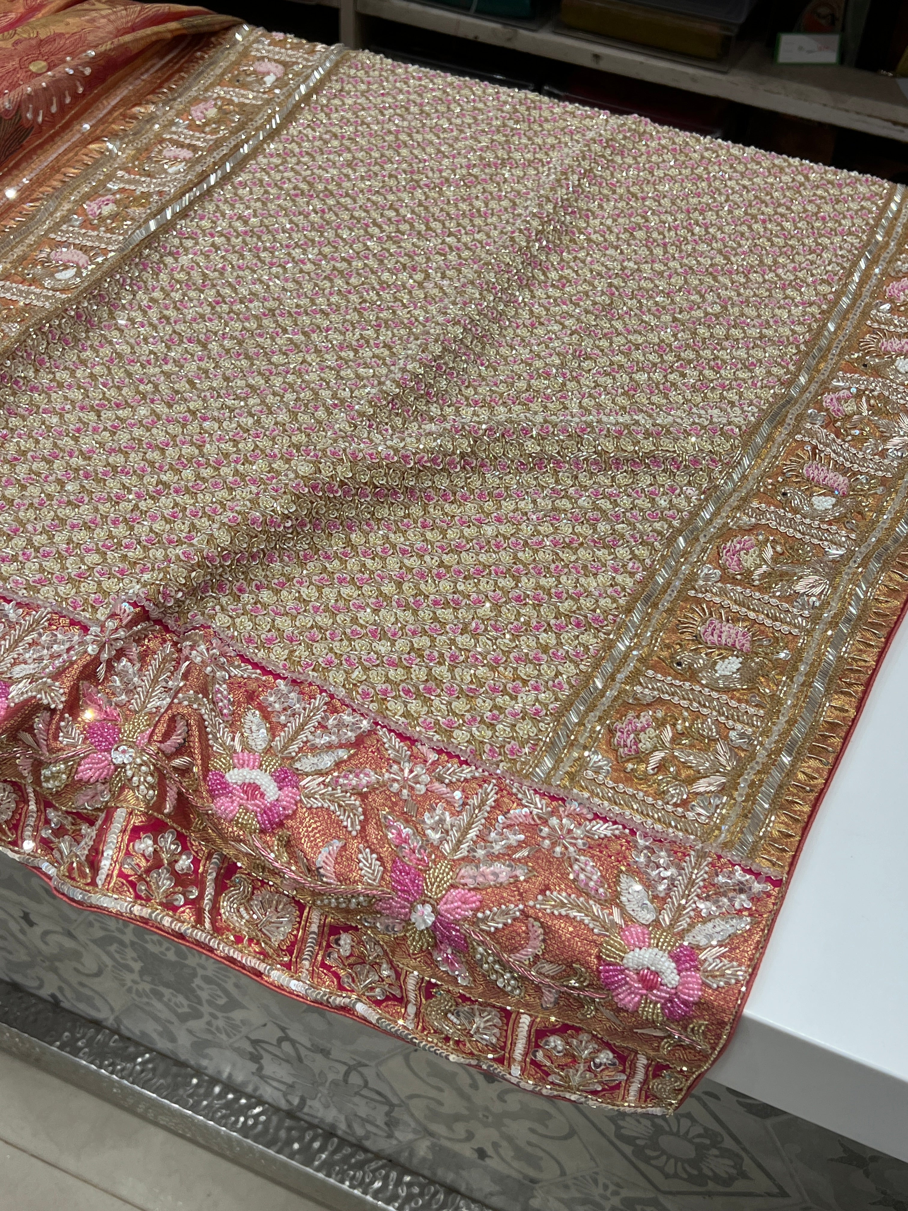 Floral Kanjivaram Moti Zardosi Hand Embroidery Saree