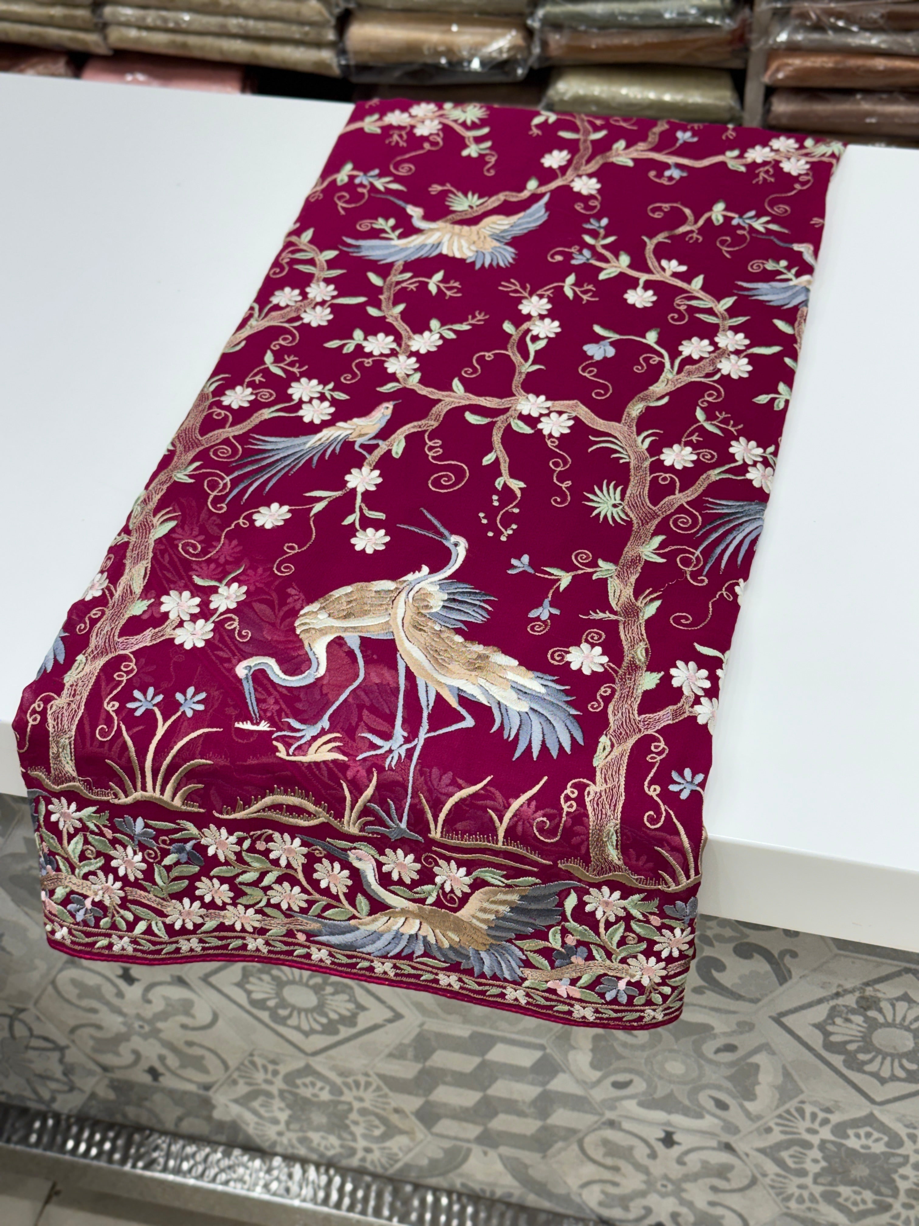 Cross Wine Tree Of Life Flamingo Parsi Gara Saree