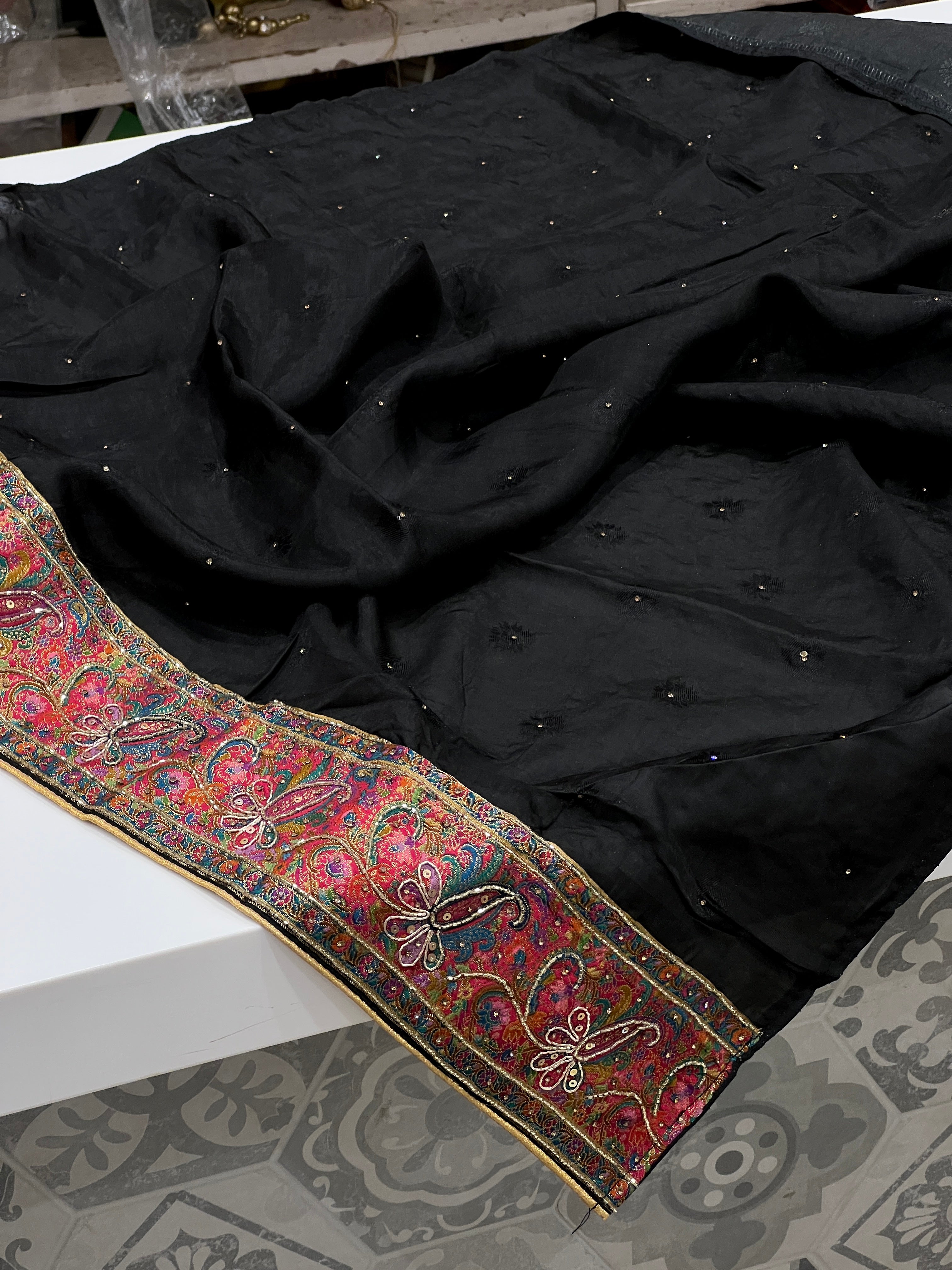 Black Silk Doli Theme Hand Embroidery Saree