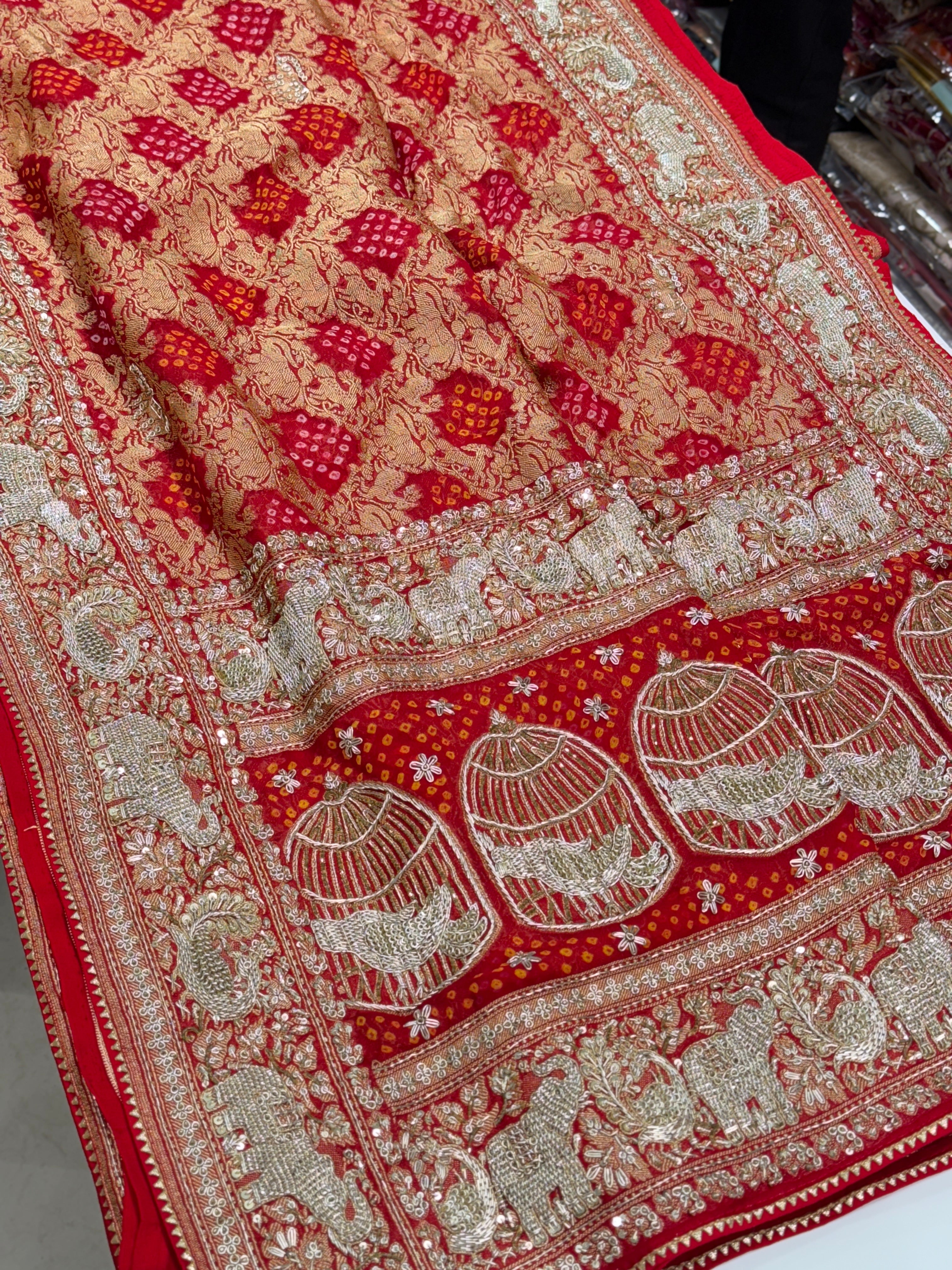 Red Bandhej Zardosi Saree