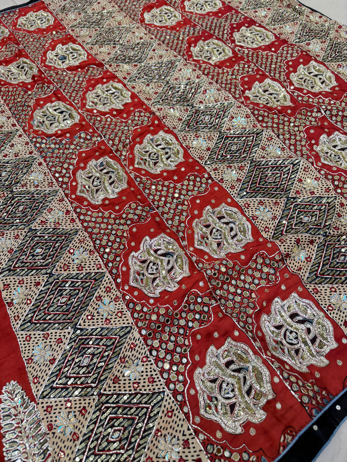 Red Buttas Pita Zardosi Sequin Ajrakh Hand Embroidery Saree