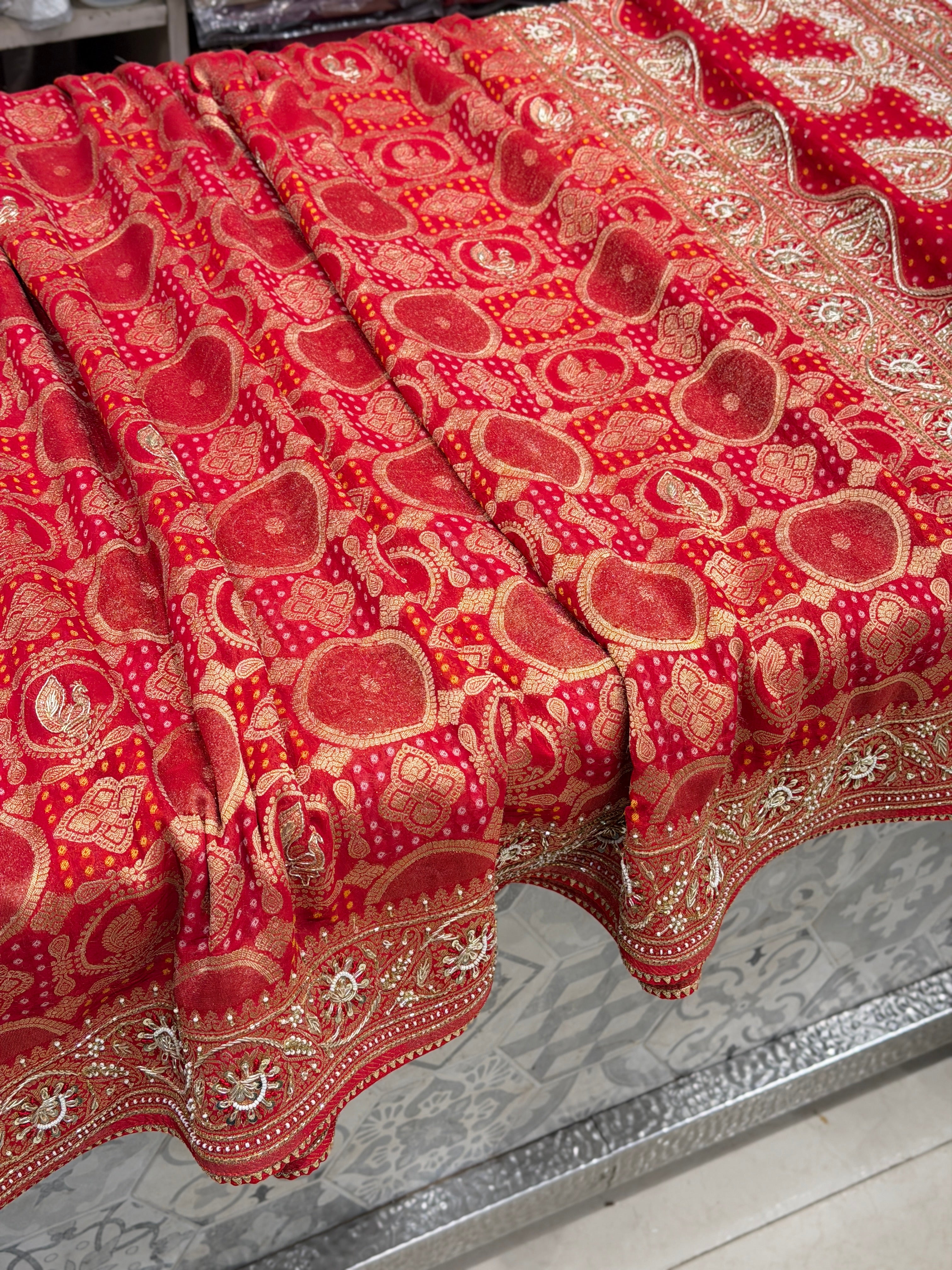 Red Woven Bandhej Zardodi Hand Embroidery Saree