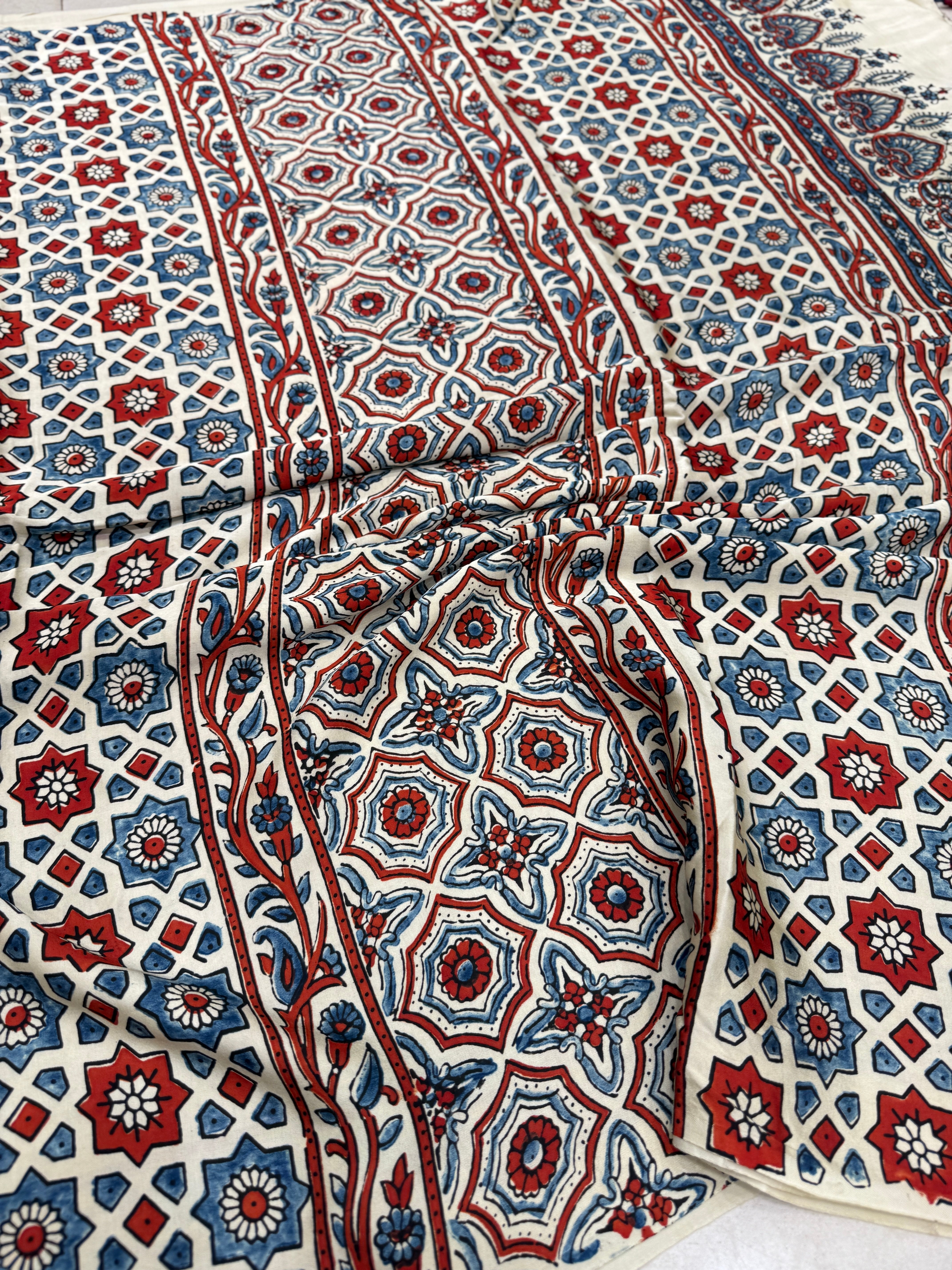 White Badam Buttas Jaal Ajrakh Modal Gajji Silk Saree