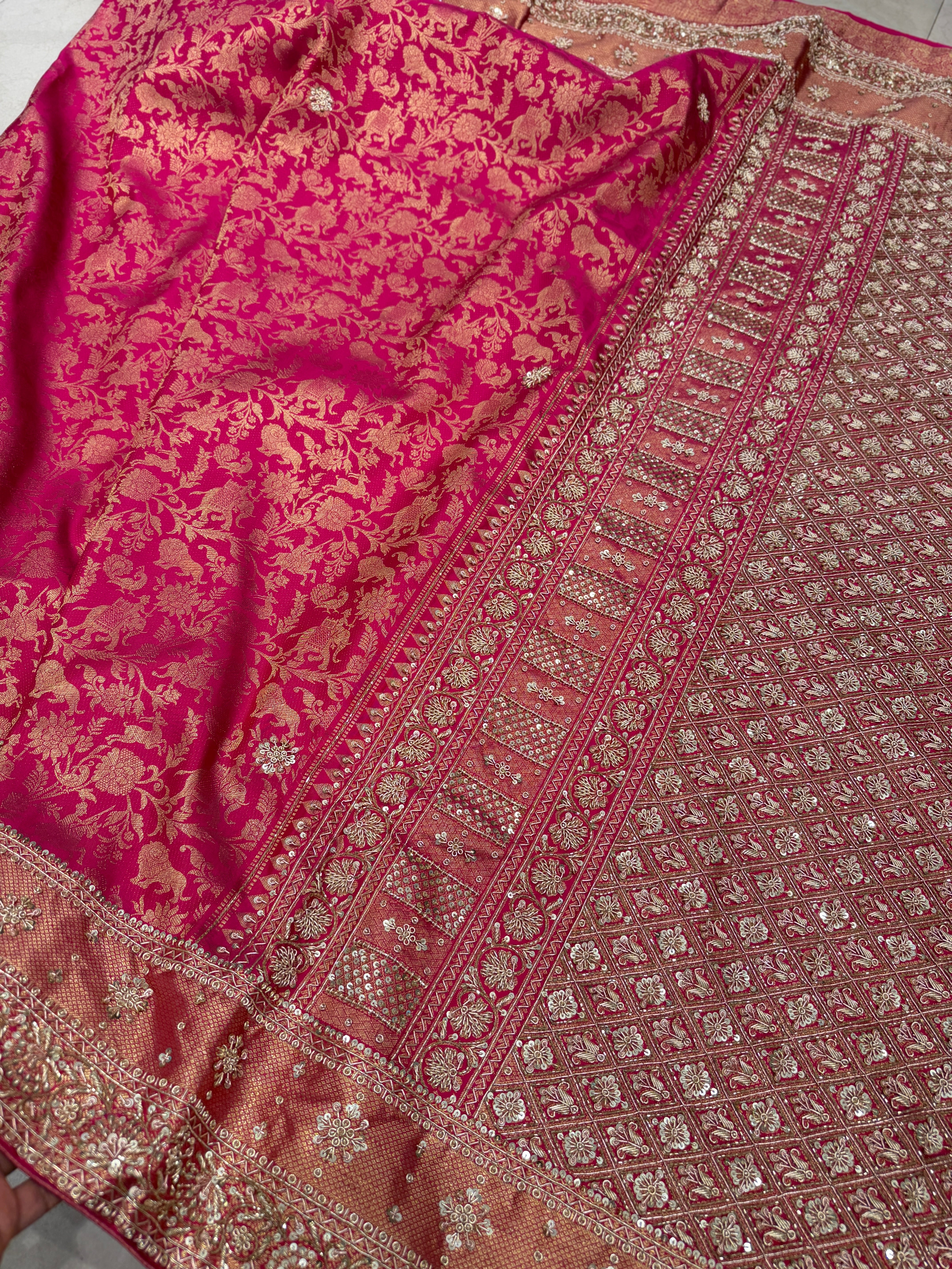 Rani Pink Shikara Kanjivaram Hand Embroidery Zardosi Saree