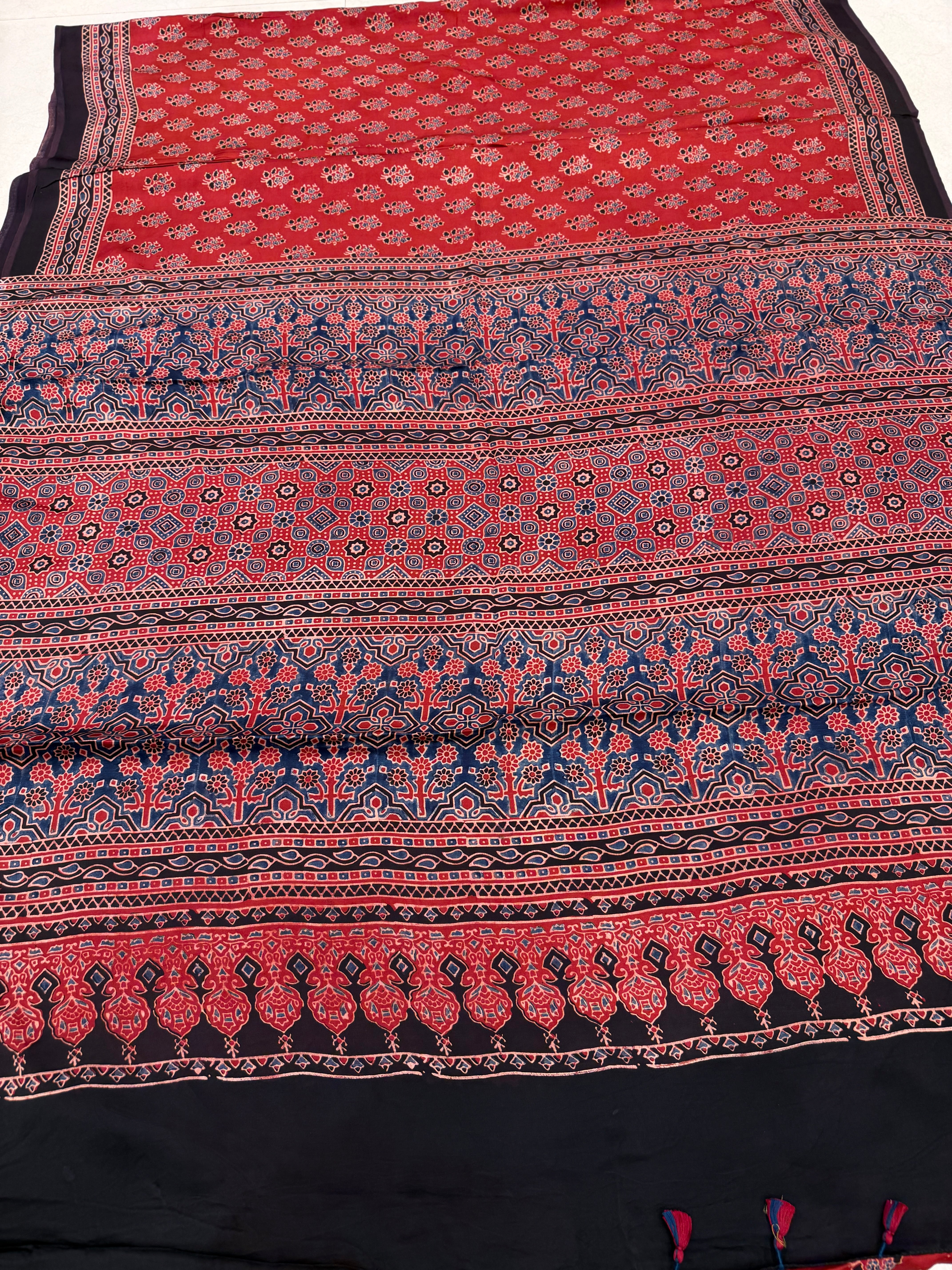 Red Buttis Ajrakh Block Print Hand Pure Gajji Silk Saree