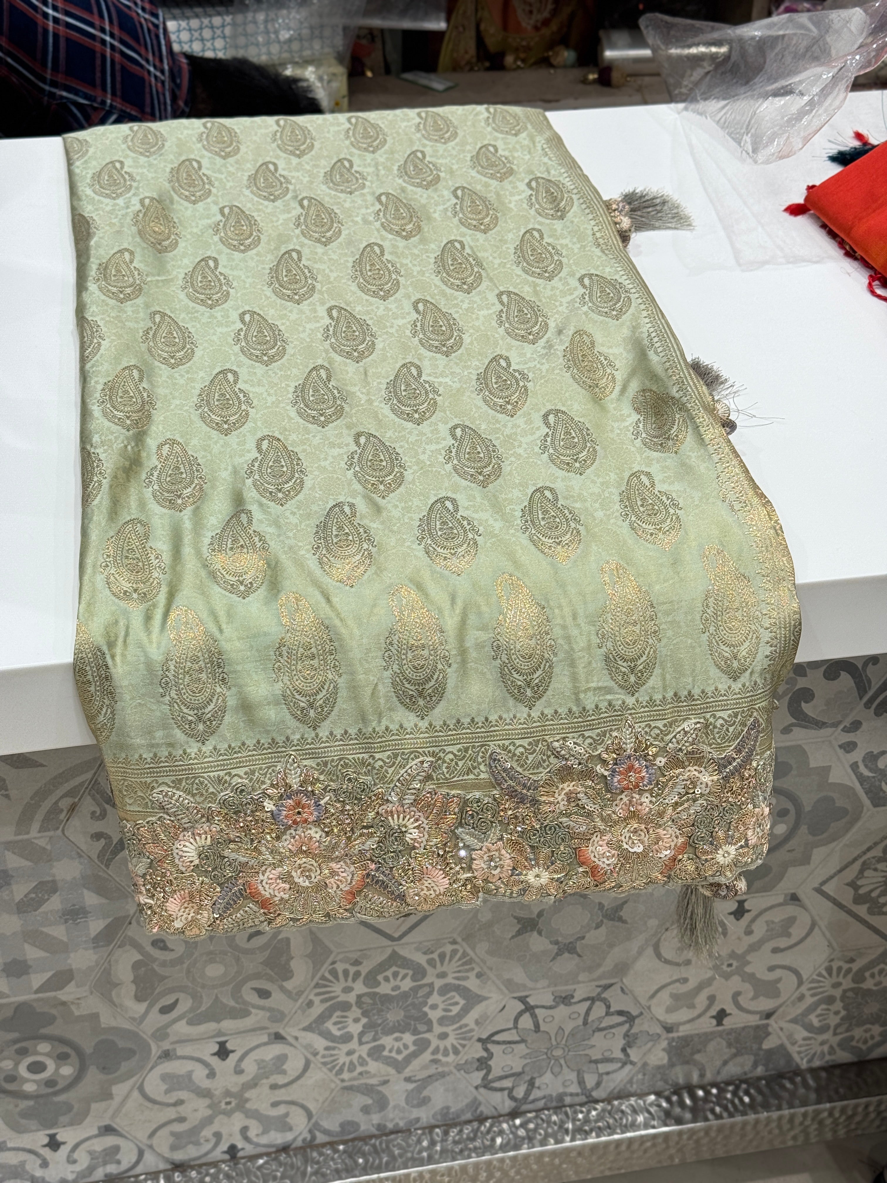 Pista Banarasi Resham Zari Embroidery Saree