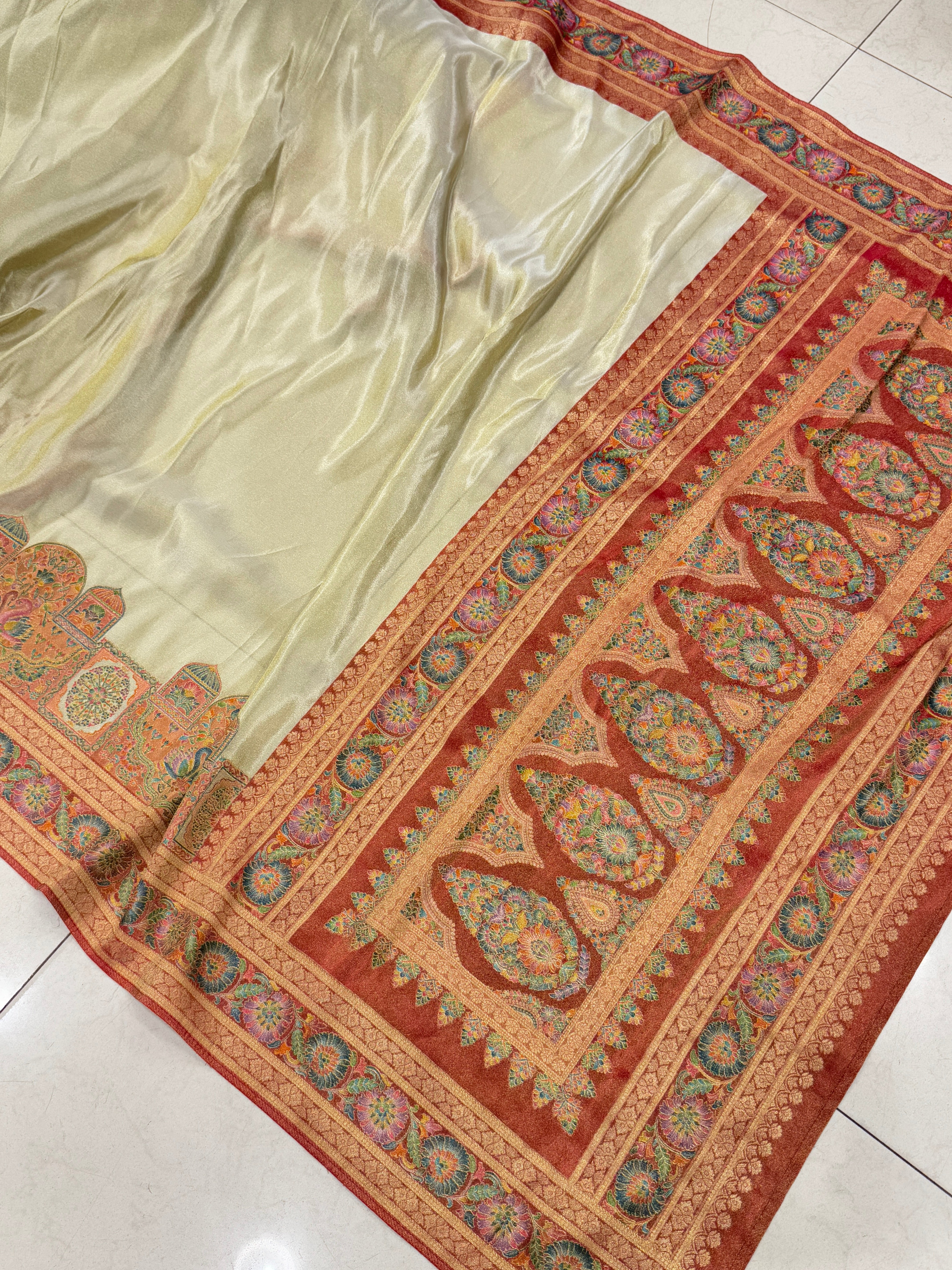 Cream Crepe Tissue Gala Pashmina Saree