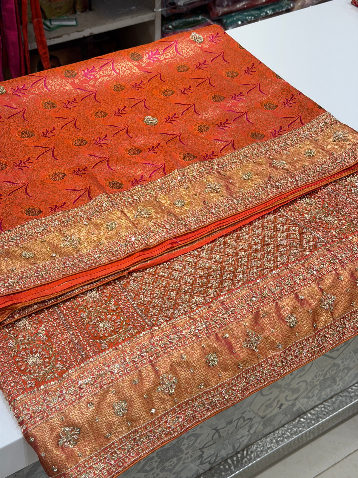 Rust Orange Meenakari Kanjivaram Zardosi Hand Embroidery Saree