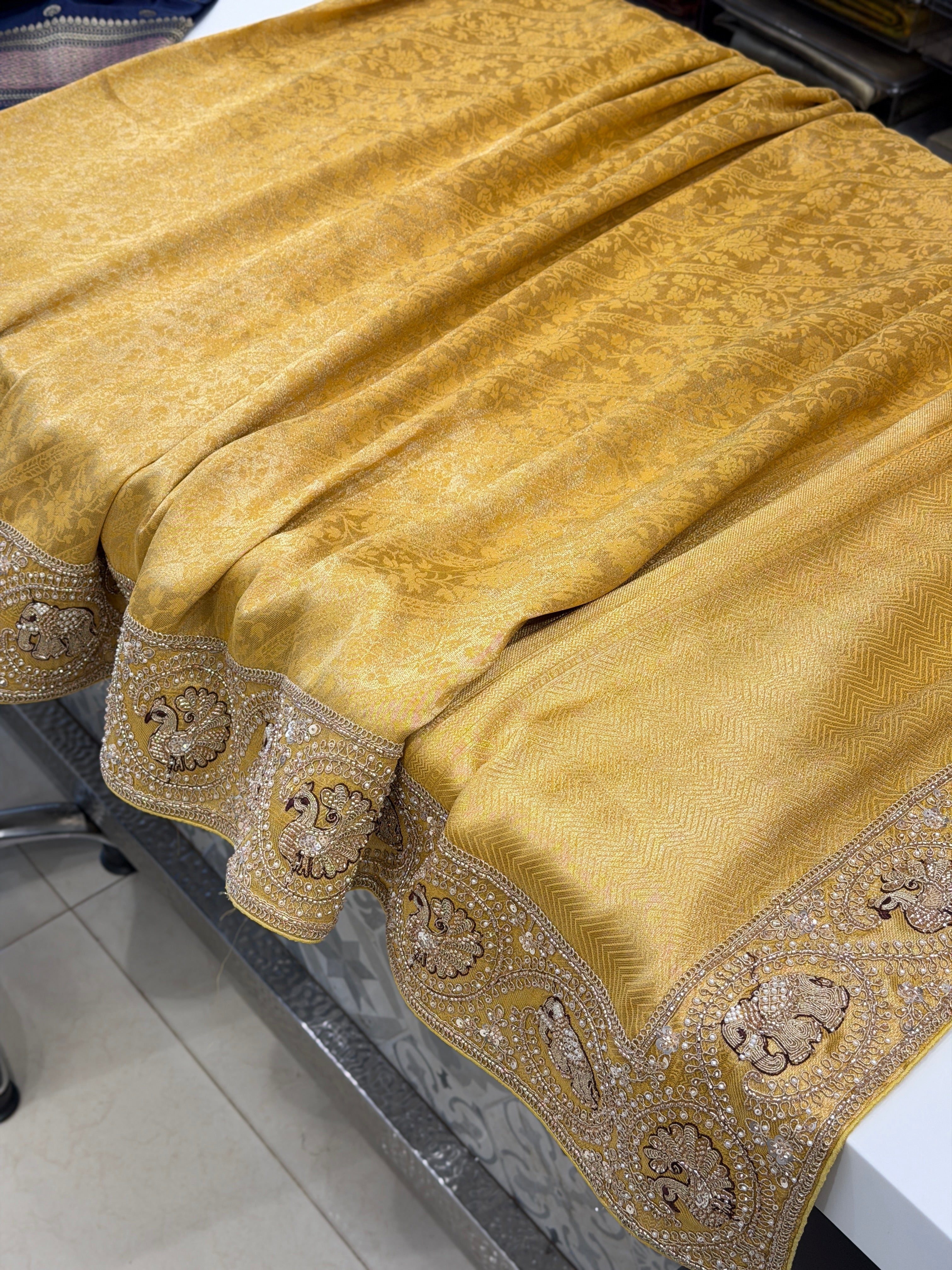 Yellow Banarasi Crepe Tissue Elephant Motif Embroidery Saree