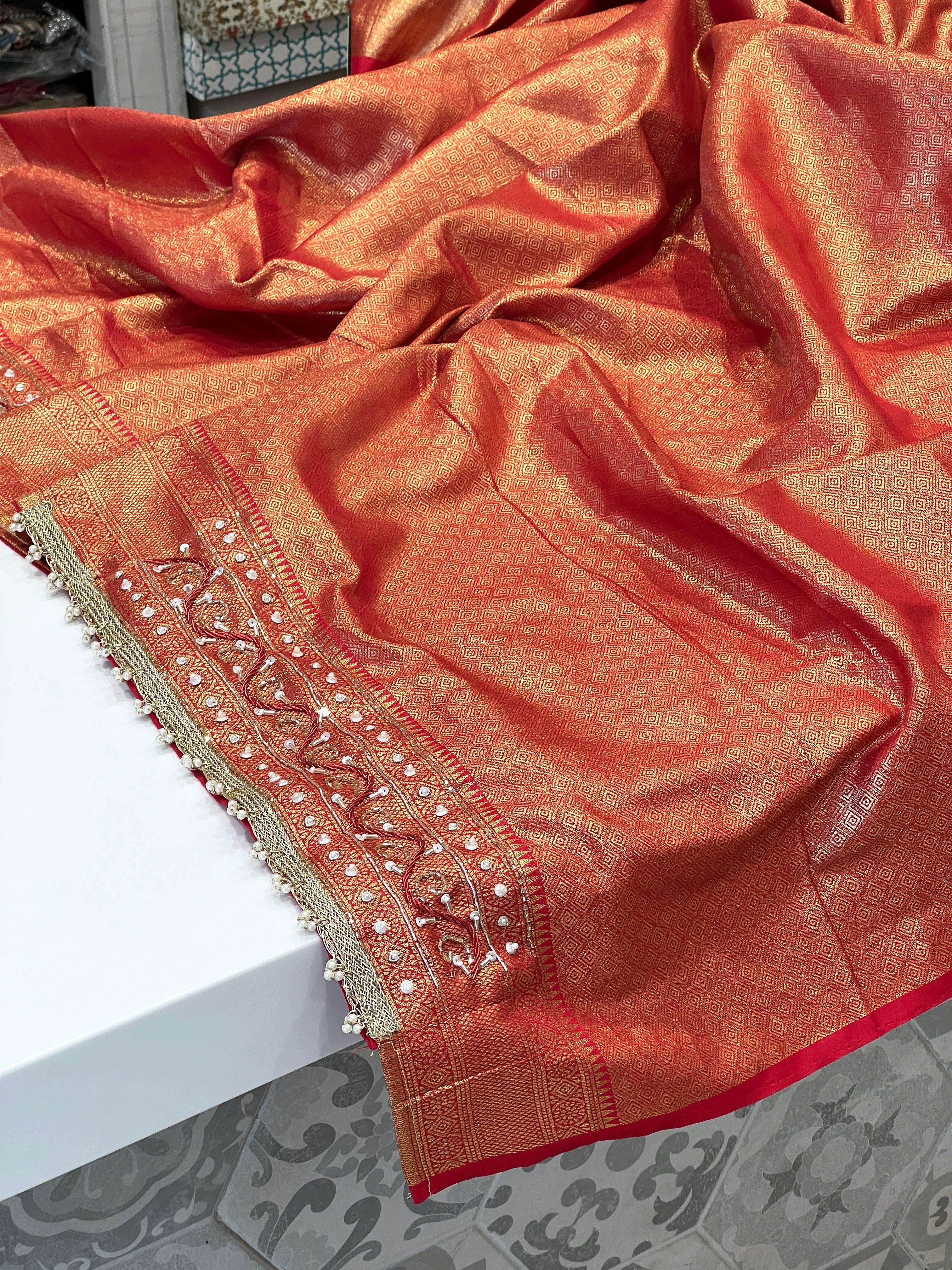 Reddish Golden Kanjivaram Hand Embroidery Saree