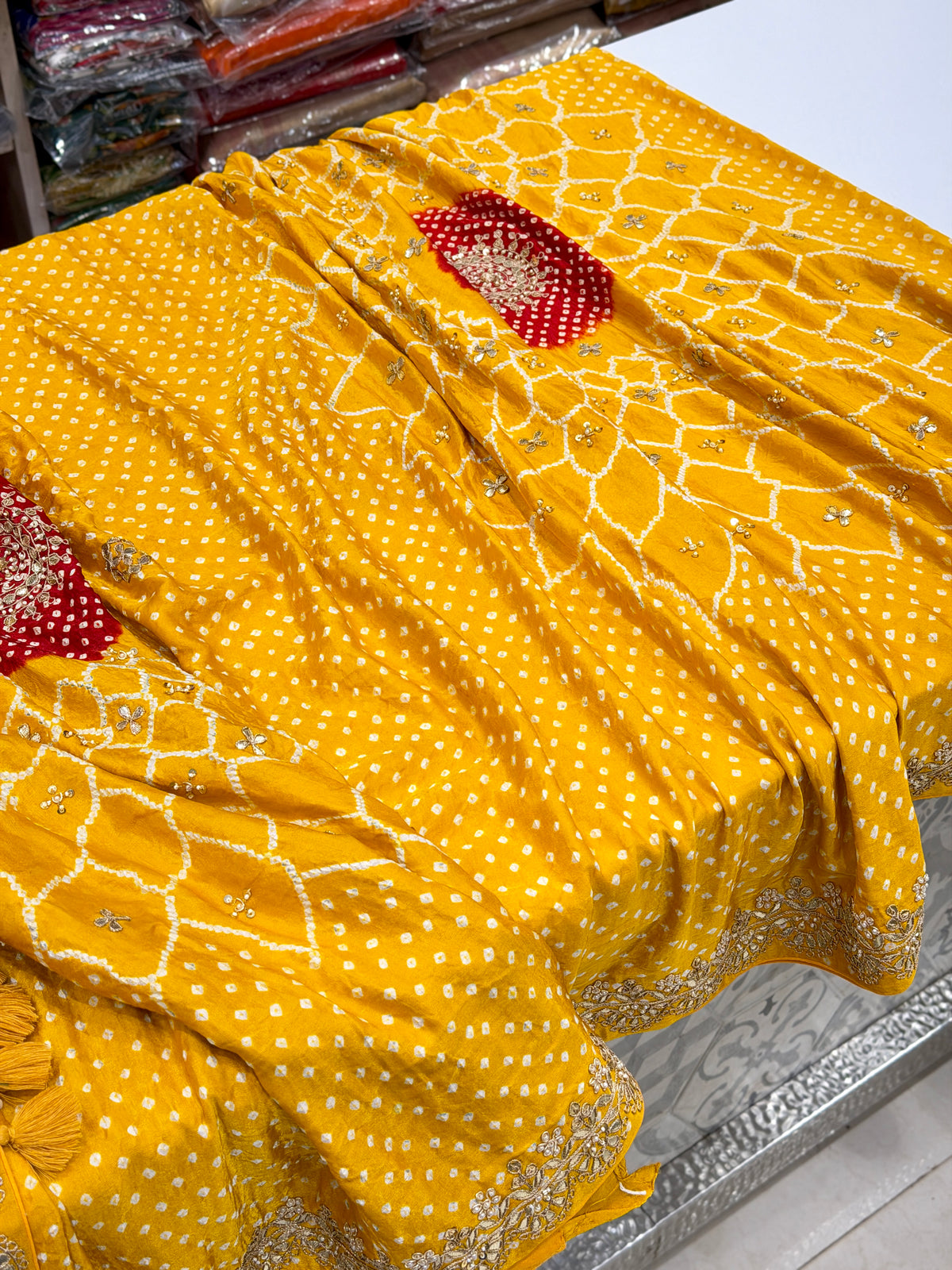 Yellow Jaal Faabiiana Inspired Gajji Silk Rai Bandhej Gotapatti Marodi Hand Embroidery Saree