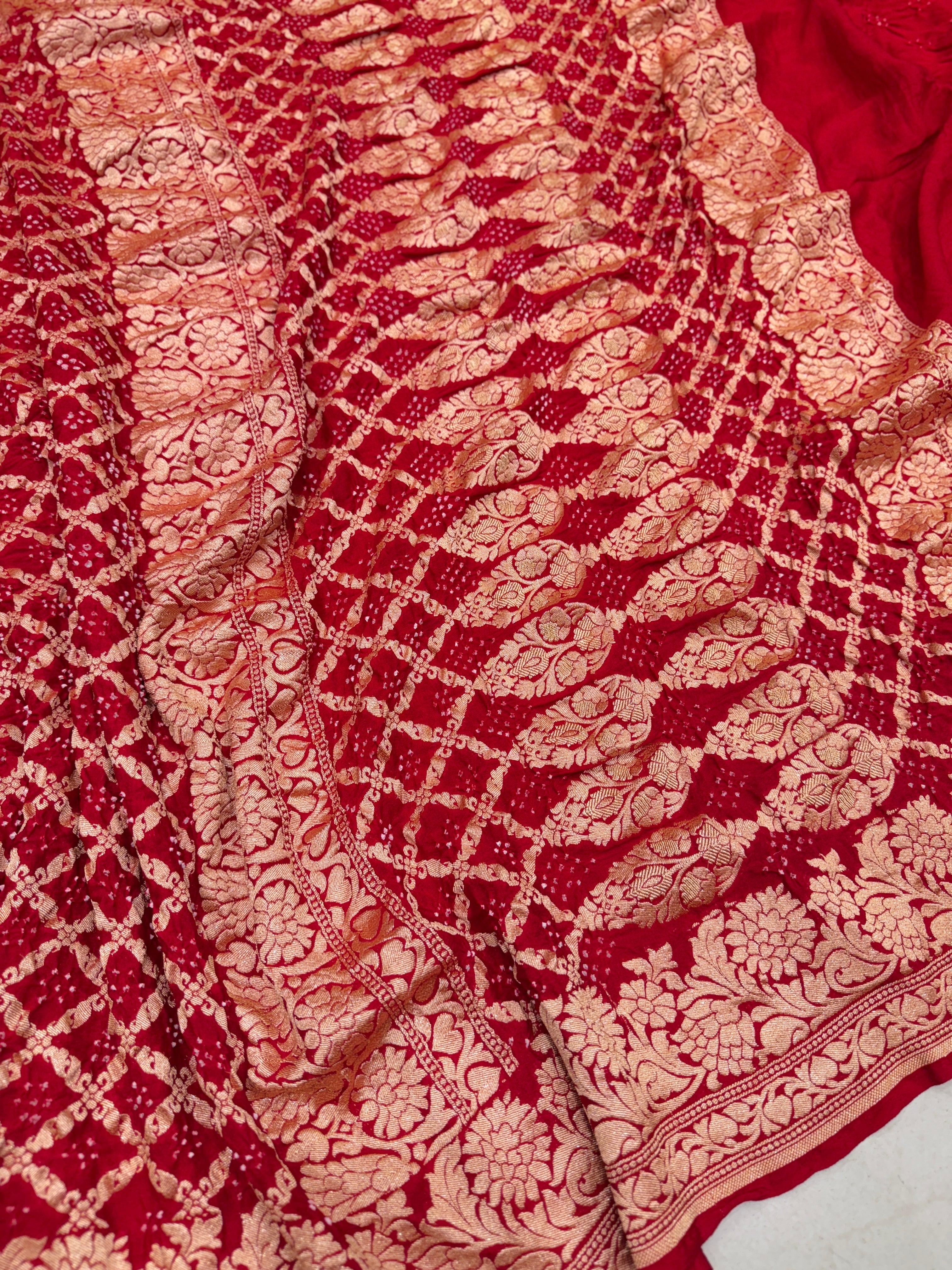 Red Double Floral Border Georgette Handloom Bandhej Bandhini Saree