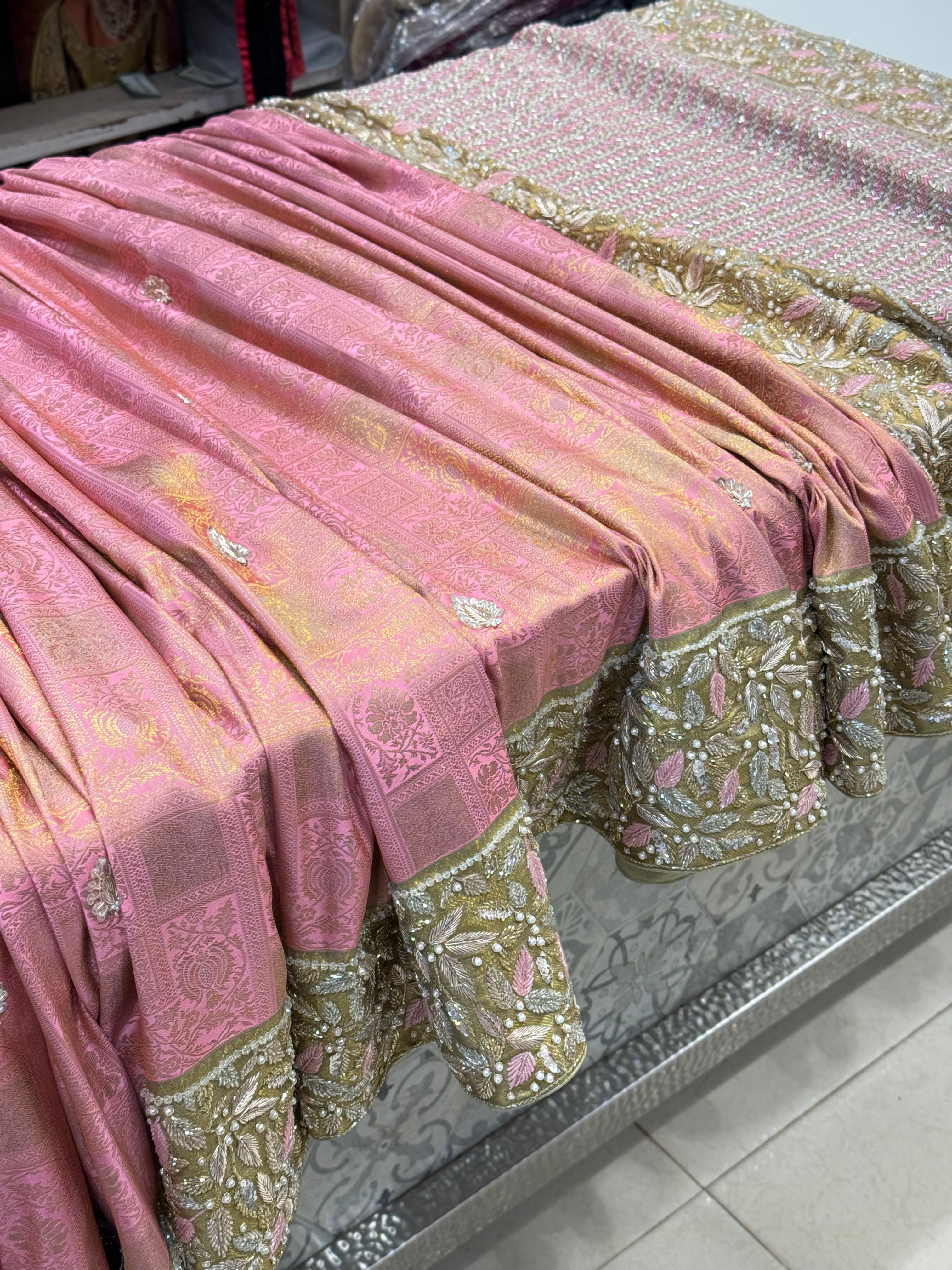 Pink Pure Kanjivaram Hand Embroidery Saree with Heavy Blouse